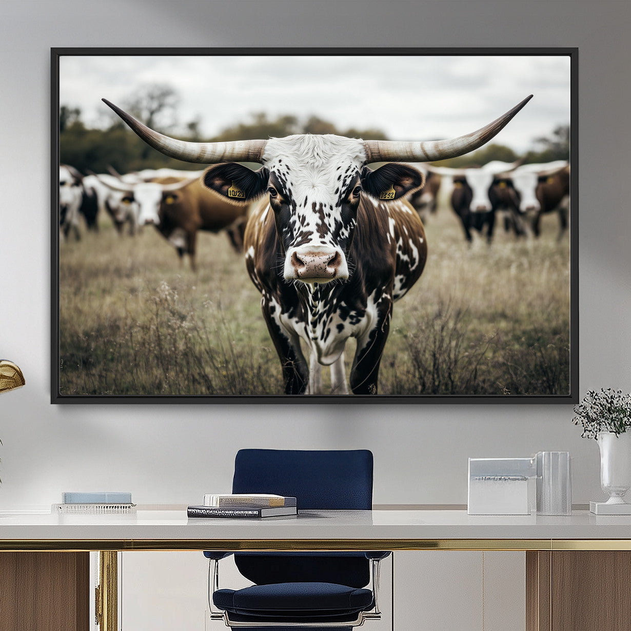 MGV-FC-36X24 - Majestic Longhorn Cow Wall Art – Canvas Print of Intricate Fur & Sharp Horns Earthy Tones Serene Landscape, Rustic Charm Decor for Living Room, Office or Bedroom