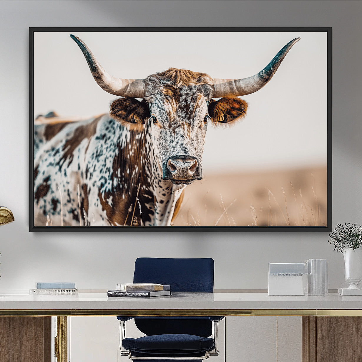 70414966-MGV-FC-36X24 - Majestic Longhorn Wall Art – Canvas Print of Strong Stance Intricate Fur & Sharp Horns Rustic Elegance & Timeless Wild Beauty Decor for Living Room, Office or Bedroom