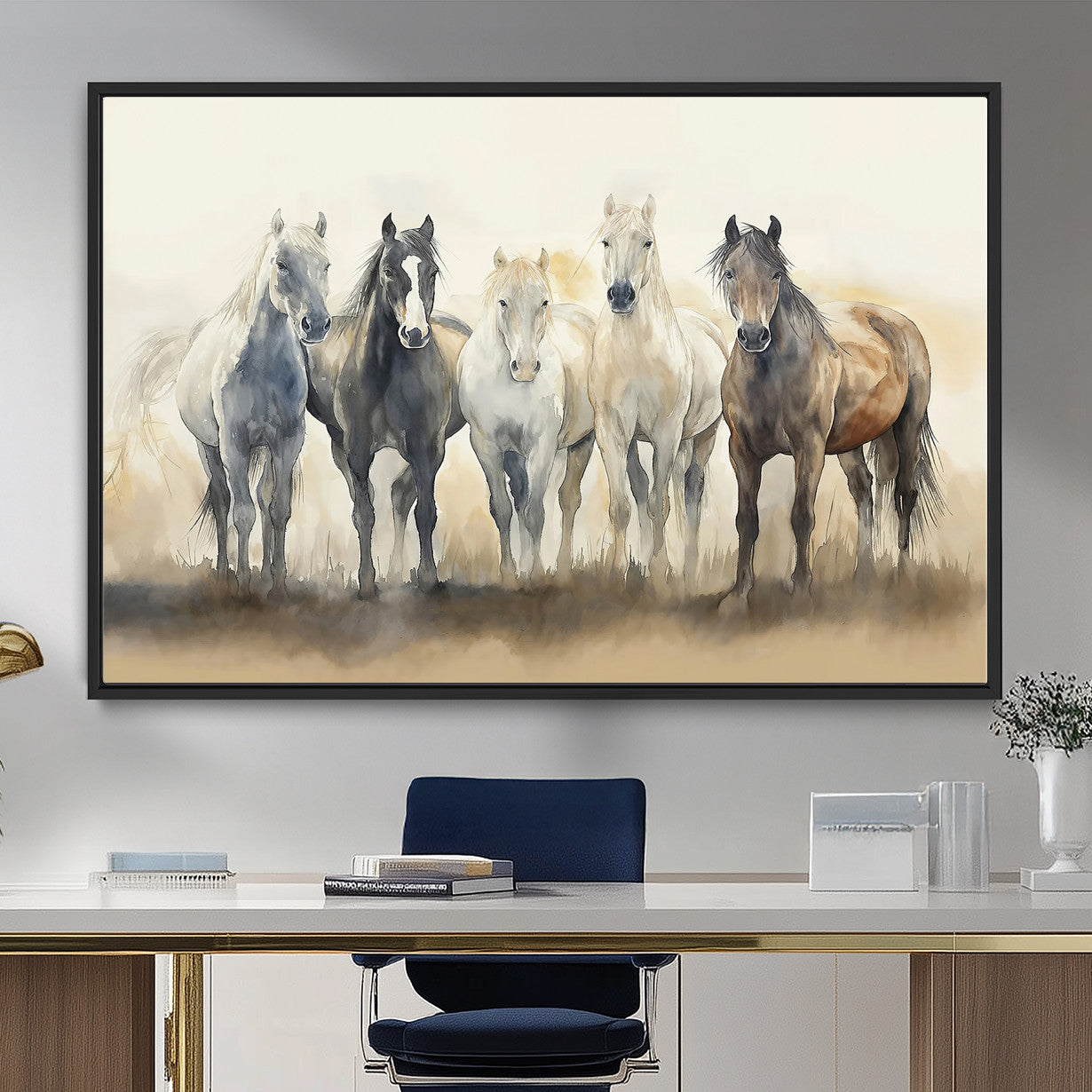 MGV-FC-36X24 - Wild Horses Wall Art Canvas Print, Framed Running Horses Art Picture Print, Watercolor Horses Perfect Rustic Western Decor Artwork