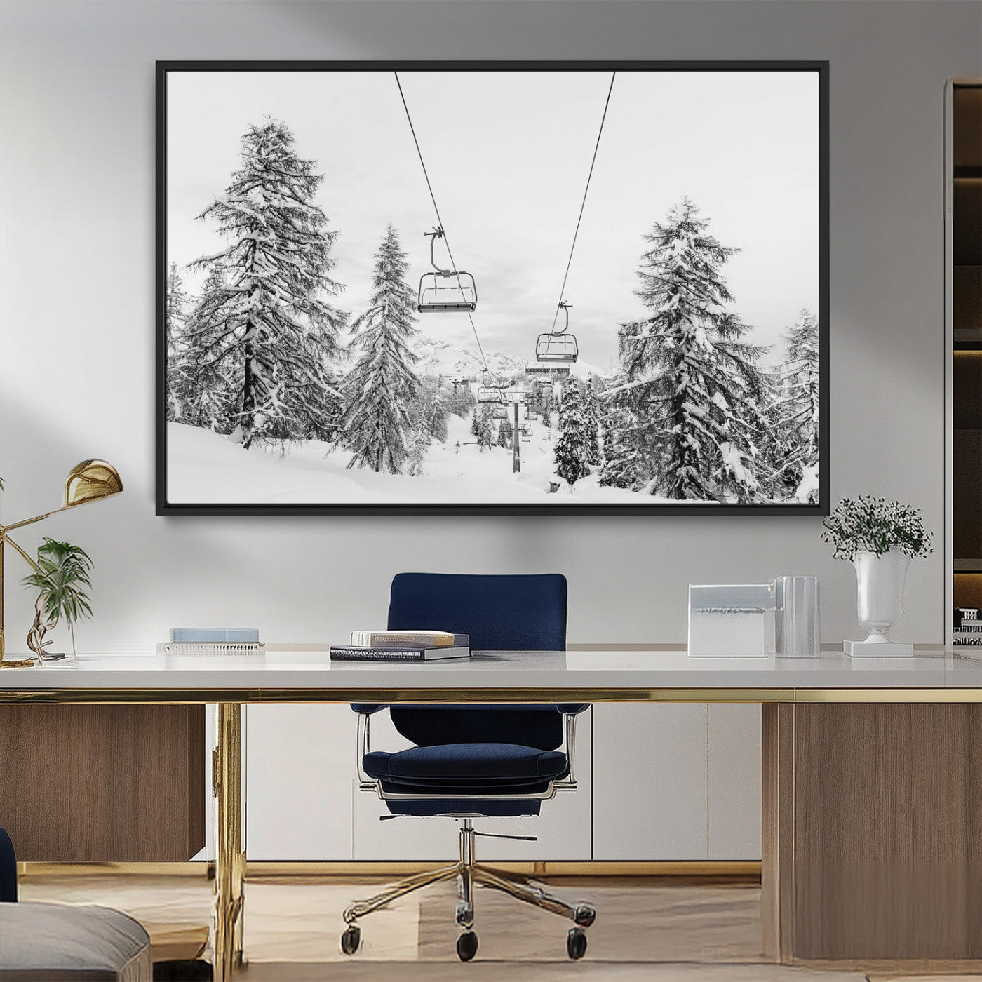55003599-MGV-CV-36X24-Ski Lift Wall Art – Framed Snowy Mountain Canvas Artwork, Winter Forest Design, Minimal Nature Decor for Home, Office