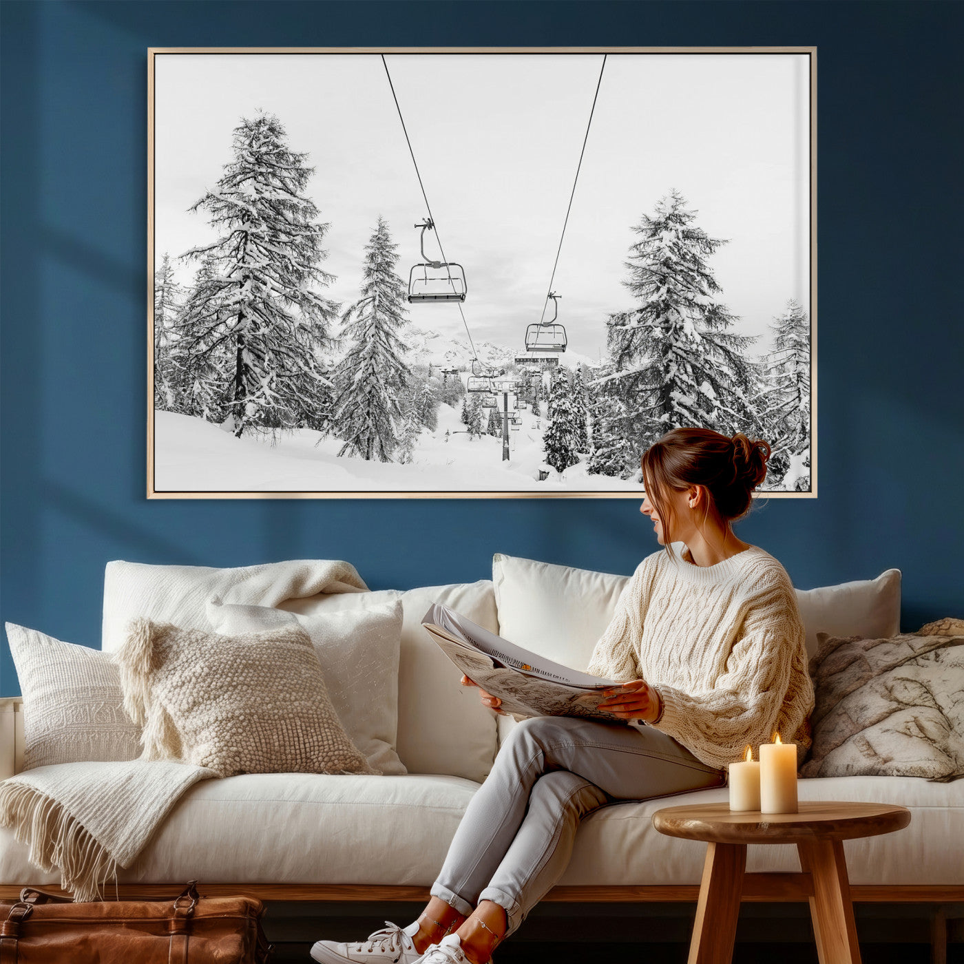 55003599-MGV-CV-36X24 - Snowy Ski Lift Wall Art – Framed Winter Forest Canvas Artwork, Peaceful Mountain Design, Modern Nature Decor for Home, Office