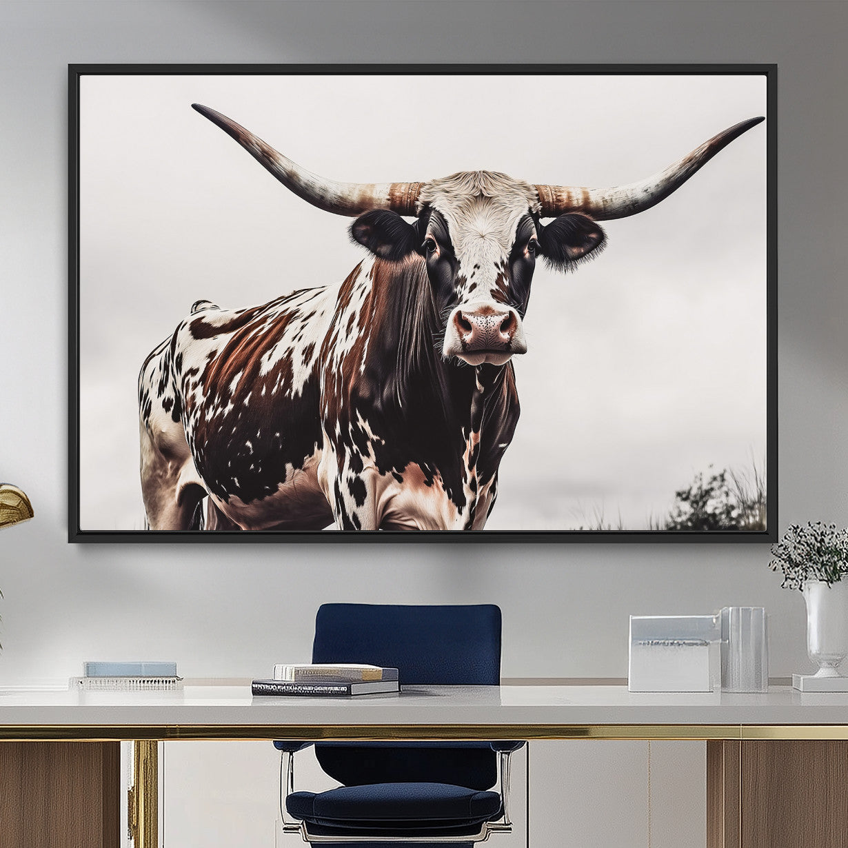 MGV-FC-36X24 - Texas Longhorn Wall Art Canvas Print, Framed Spotted Bull Art Picture Print, Horned Cattle Perfect Rustic Farmhouse Decor Artwork