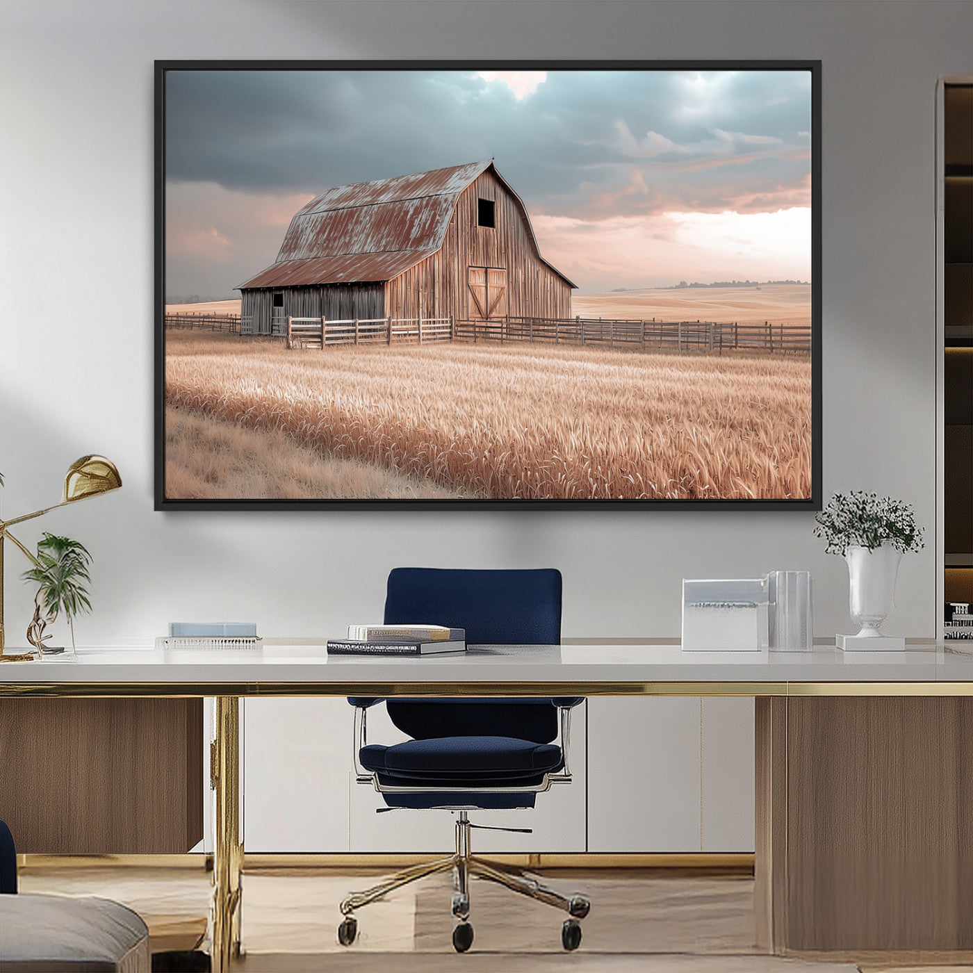 36878364-MGV-CV-36X24-Rustic Barn Wall Art Canvas Print – Framed Wheat Field Scene with Sunset Barn Artwork for Home, Office, Living Room