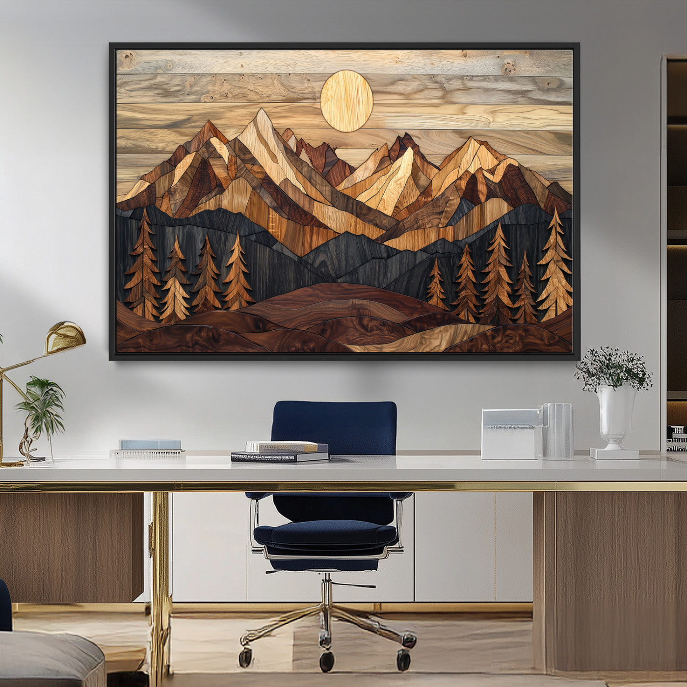 39116082-MGV-CV-36X24-Wood Mountain Landscape Wall Art Canvas Print – Framed Sunset Hills Nature Artwork, Abstract Boho Decor for Home, Office
