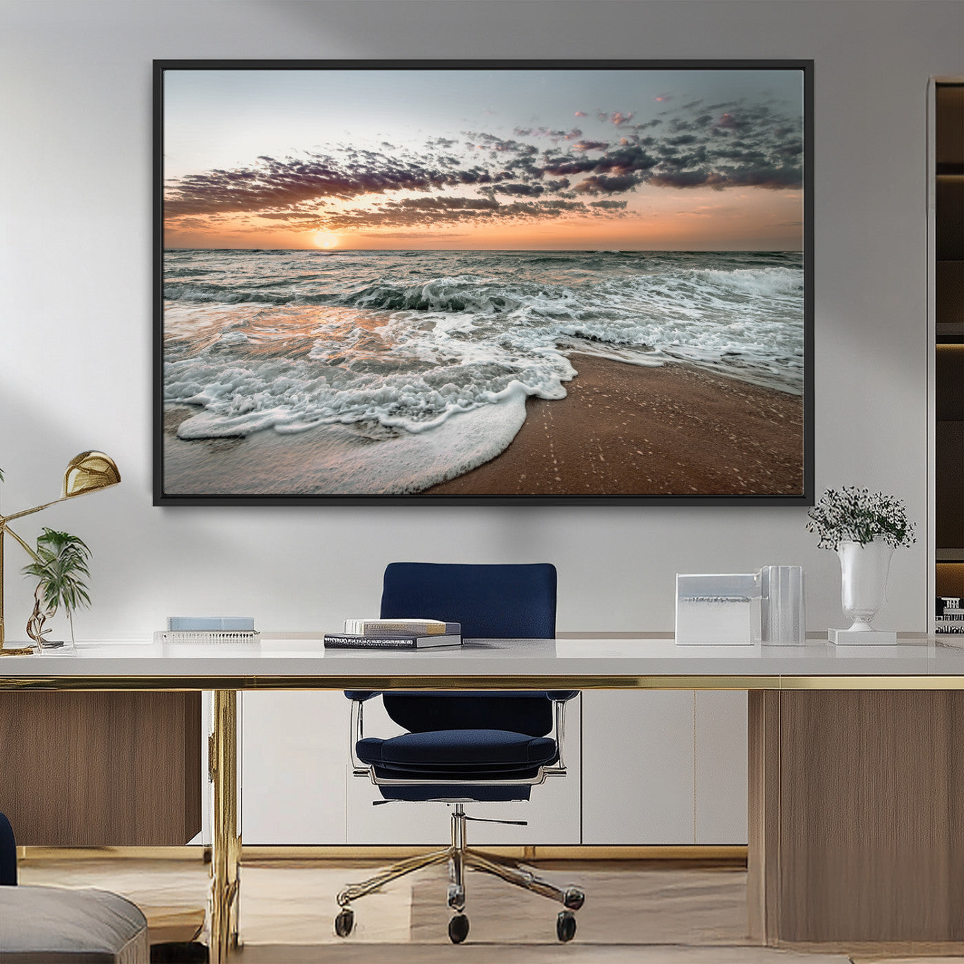 40632752-MGV-FC-36X24_Black-Ocean Sunset Wall Art Canvas Print – Framed Beach Waves Scene with Coastal Artwork for Home, Office, Living Room