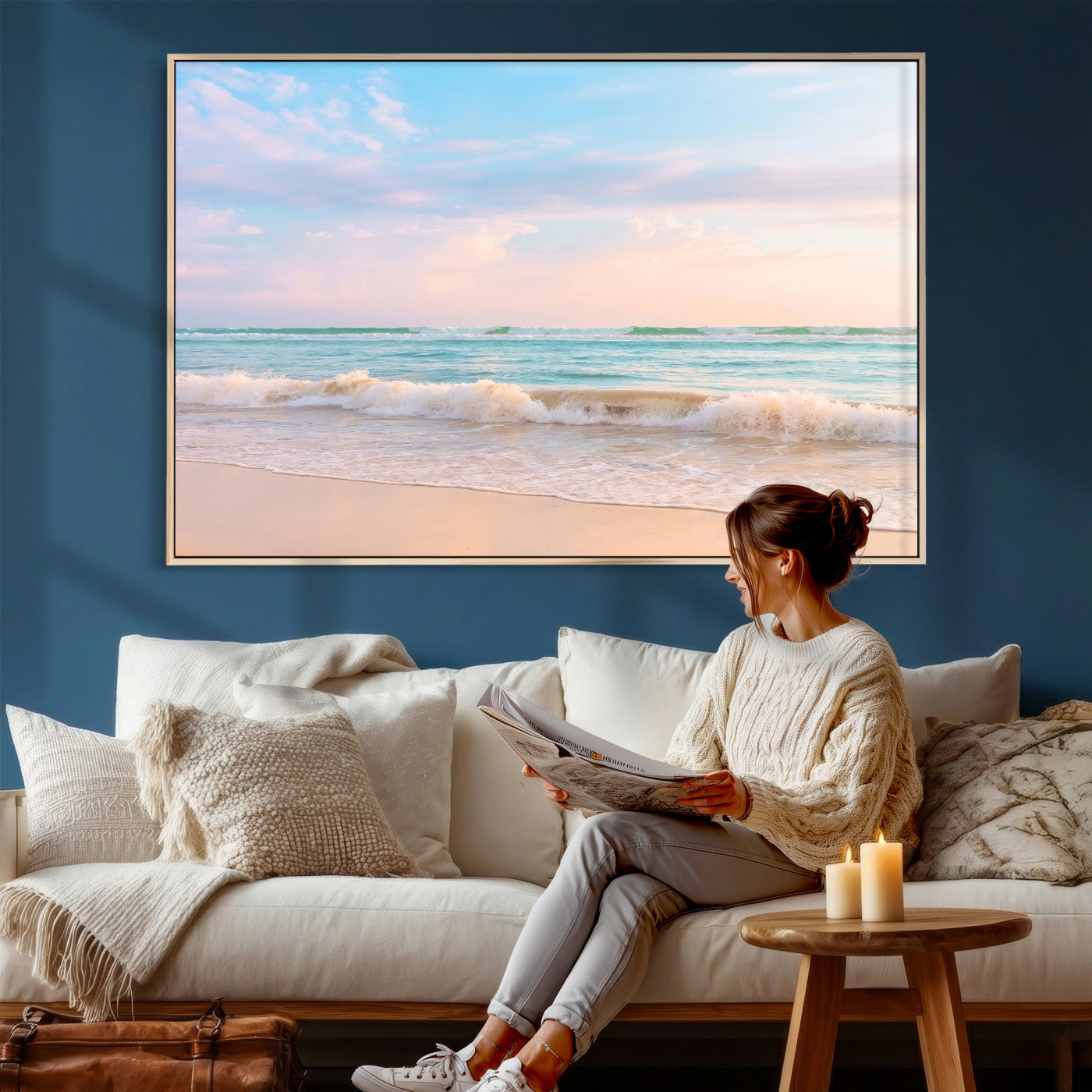 74679437-MGV-CV-36X24 - Serene Waves Wall Art – Golden Shore & Soft Pastel Sky Canvas Print, Gentle Ocean and Peaceful Sunset for Living Room or Office