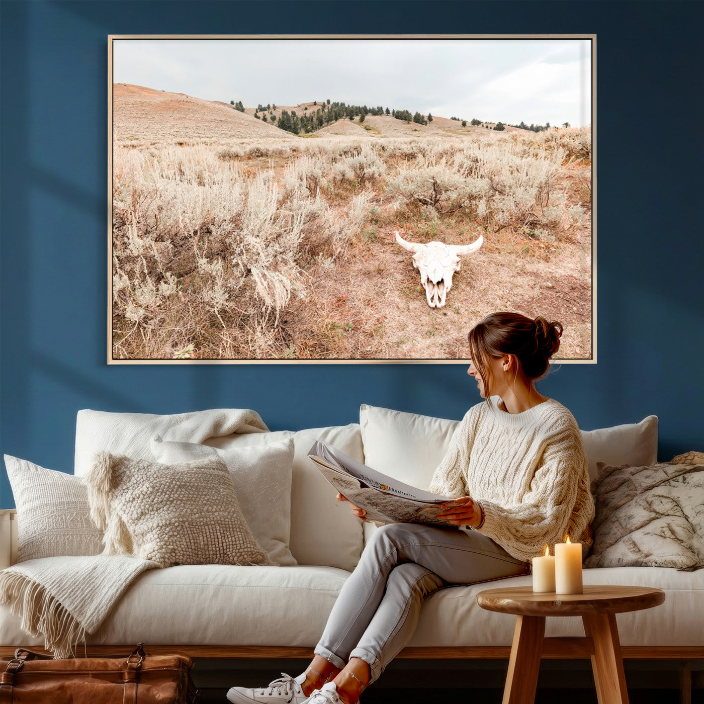 97234735-MGV-CV-36X24 - Desert Skull Wall Art – Arid Landscape & Sagebrush Canvas Print, Rustic Nature and Earth Tones for Living Room or Minimalist Decor