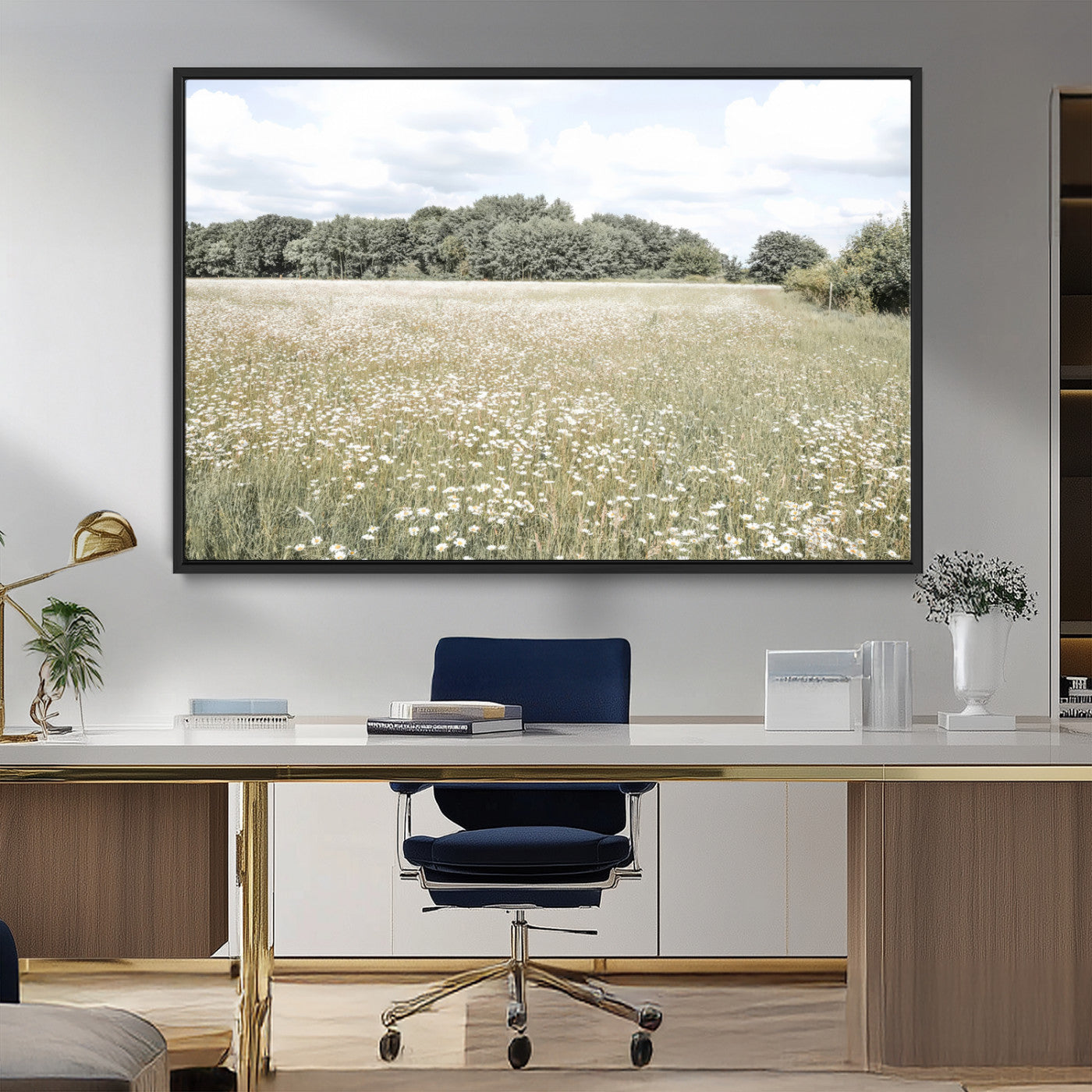 43258946-MGV-FC-36X24_Black-Charming Daisy Field Wall Art Canvas Print – Framed Pastel Flower Meadow Bloom Scandinavian Minimal Artwork for Home Office