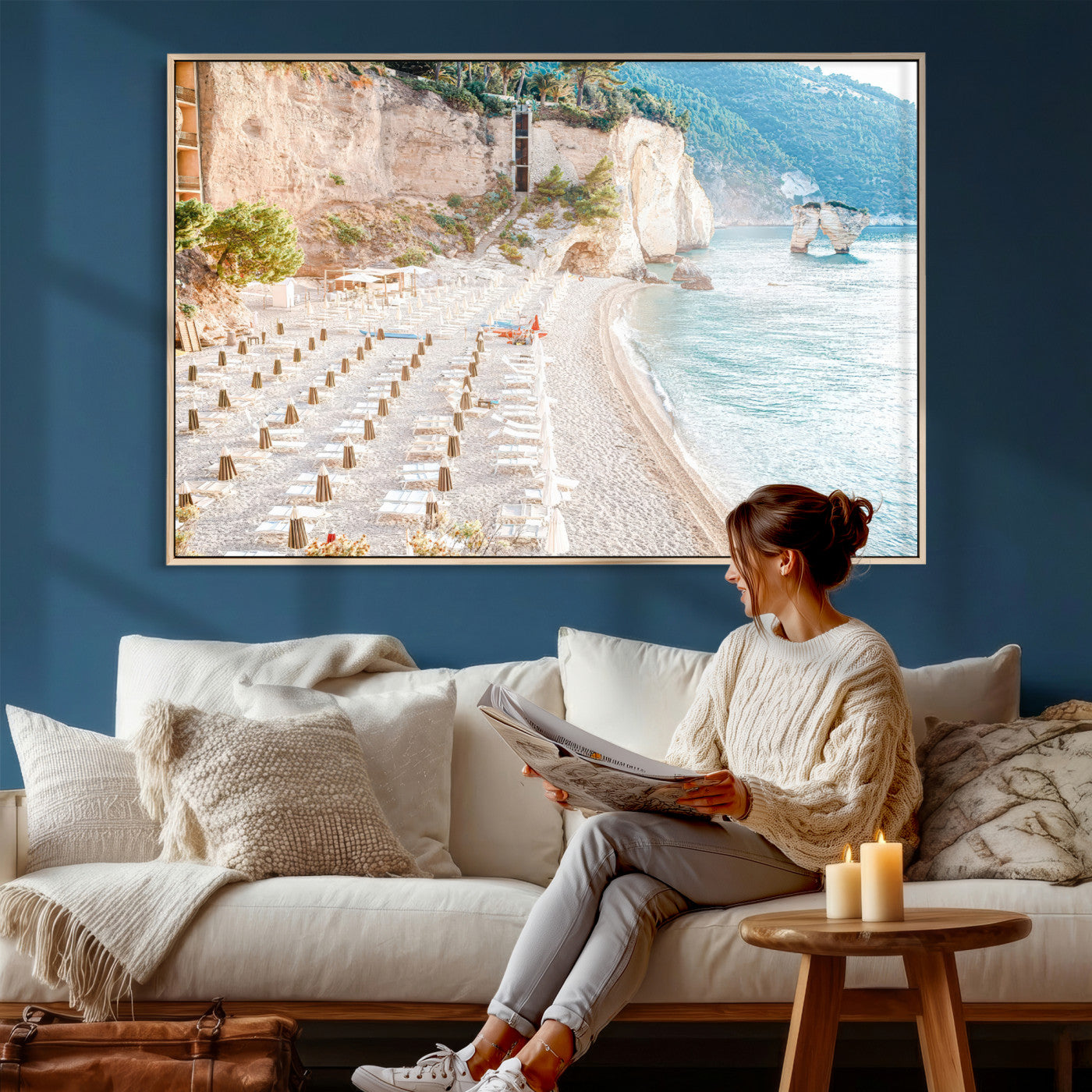 84816639-MGV-CV-36X24 - Sunny Beach Wall Art – Chairs & Umbrellas Canvas Print, Clear Water, Rocky Cliffs, Coastal Calm for Living Room or Vacation Home Decor