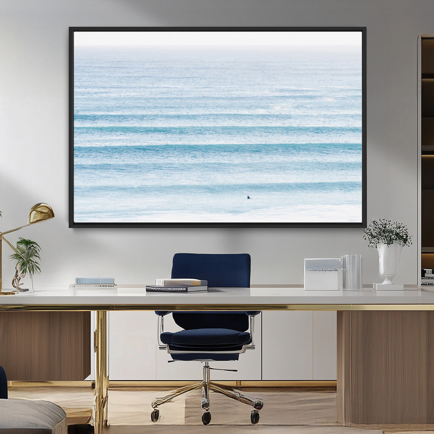 MGV-FC-36X24 - Ocean Simplicity Wall Art Canvas Print, Framed Surfer on Water Art Picture Print, Light Blue Perfect Coastal Minimalist Decor Artwork