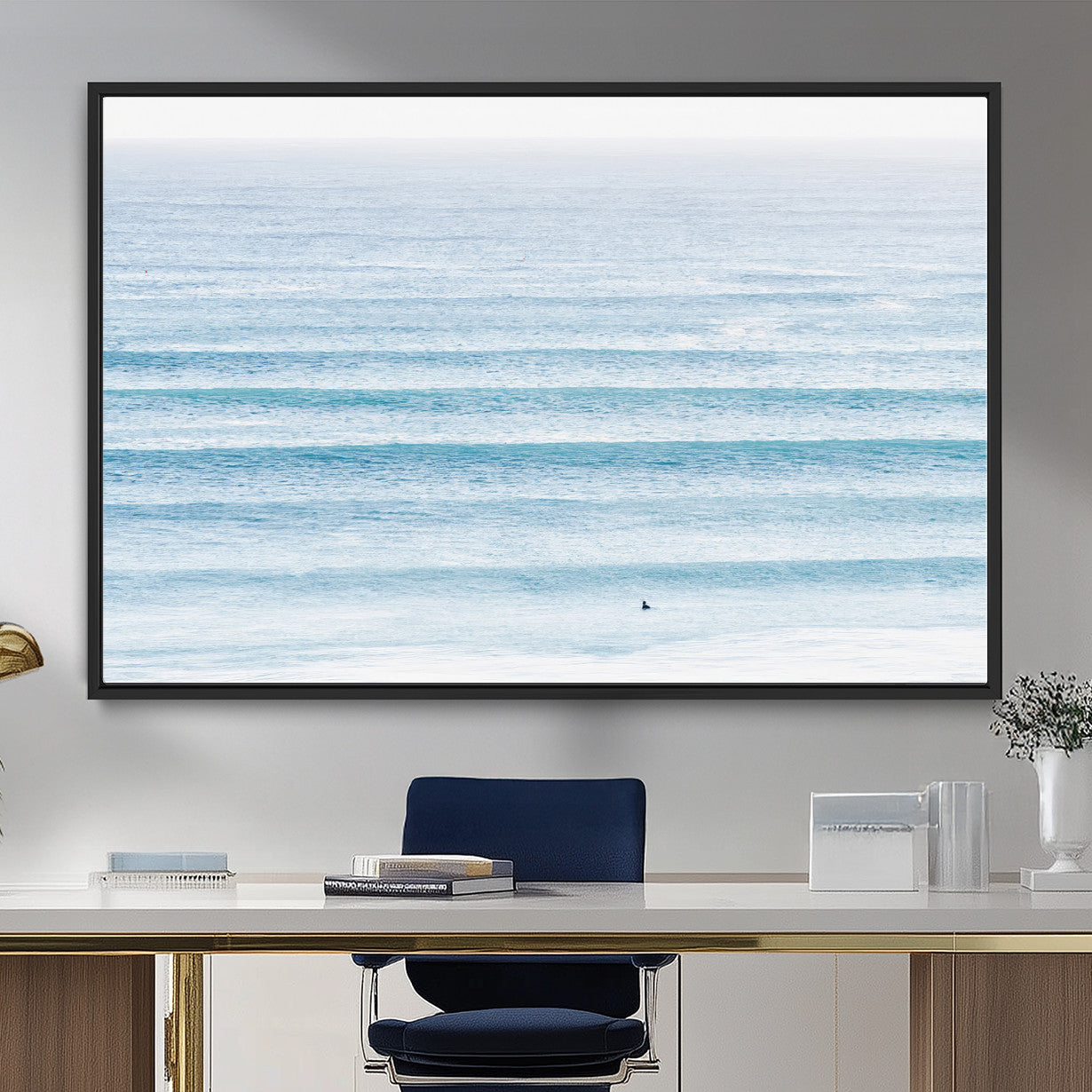 77145995-MGV-FC-36X24_Black-Ocean Wave Surfer Wall Art – Framed Minimal Seascape Canvas Artwork, Calm Blue Water Design, Coastal Decor for Home, Office