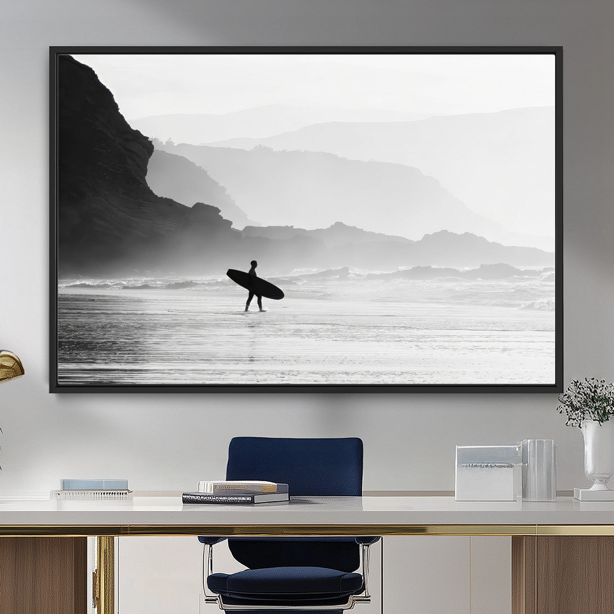 MGV-FC-36X24 - Surfer In Fog Wall Art Canvas Print, Framed Moody Shoreline Art Picture Print, Cliffside Waves Perfect Minimalist Coastal Decor Artwork