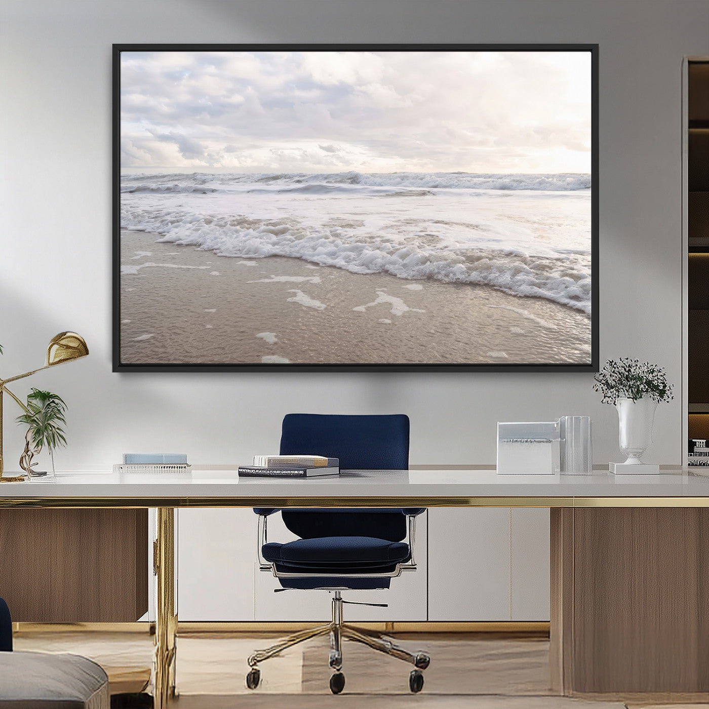 70596264-MGV-FC-36X24_Black-Ocean Waves Wall Art Canvas Print – Framed Coastal Shoreline Scene with Sea Foam Artwork for Home, Office