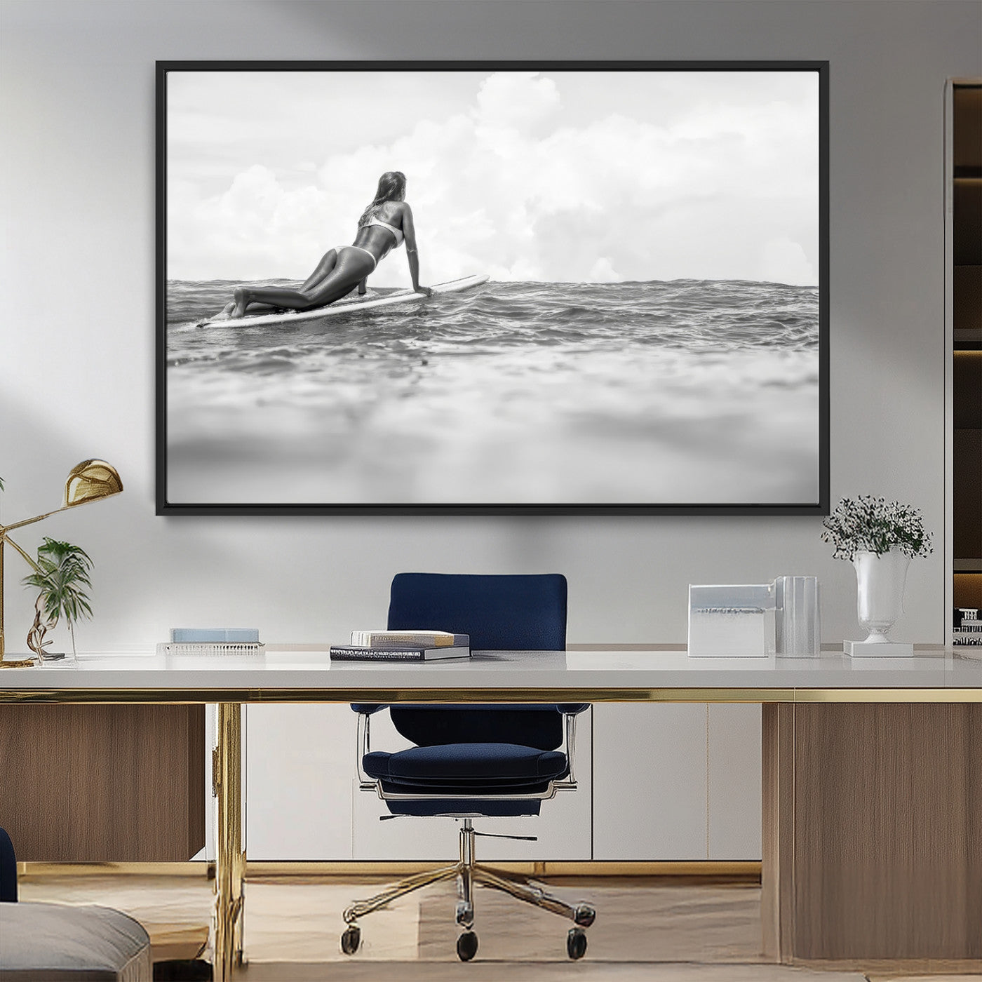 69798068-MGV-CV-36X24-Black and White Surfing Wall Art Canvas Print – Framed Ocean Horizon with Surfer Girl Coastal Adventure Artwork for Home, Office