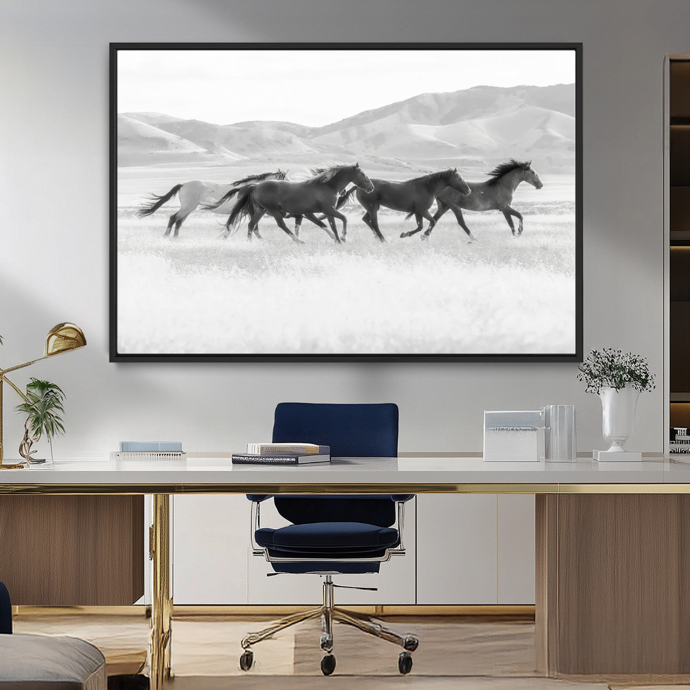 MGV-FC-36X24 - Wild Horses Wall Art – Black & White Canvas Print of Herd Running, Nature in Motion, Freedom & Beauty Decor for Guest Room, Office or Living Room