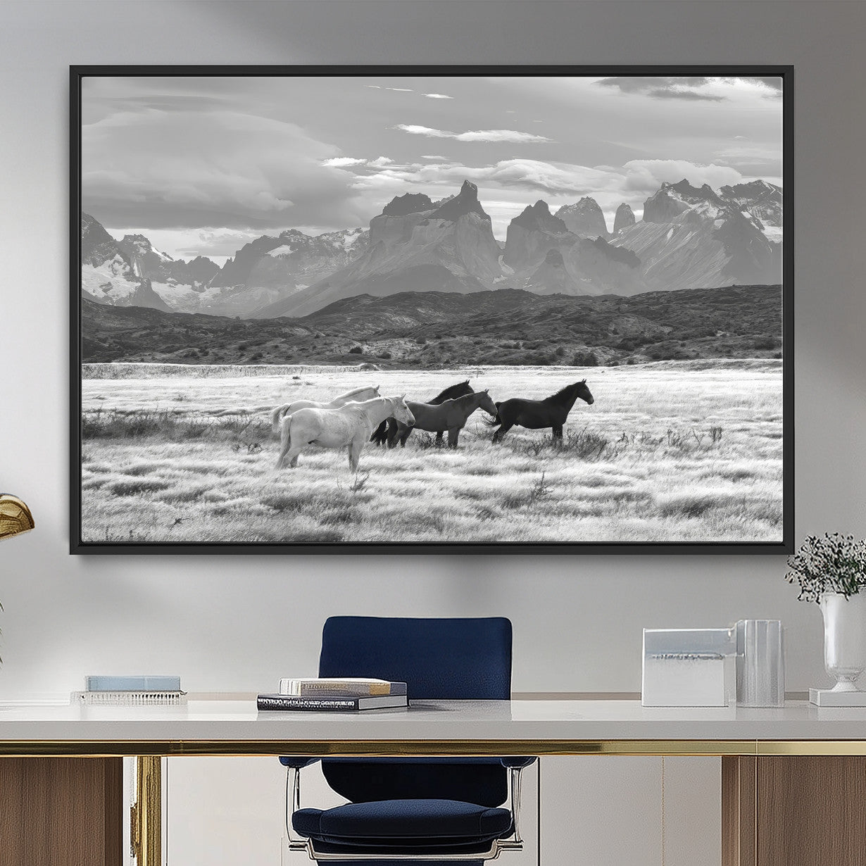 MGV-FC-36X24 - Wild Horses Wall Art Canvas Print, Framed Black White Mountains Art Picture Print, Rustic Countryside Perfect Rustic Western Decor Artwork