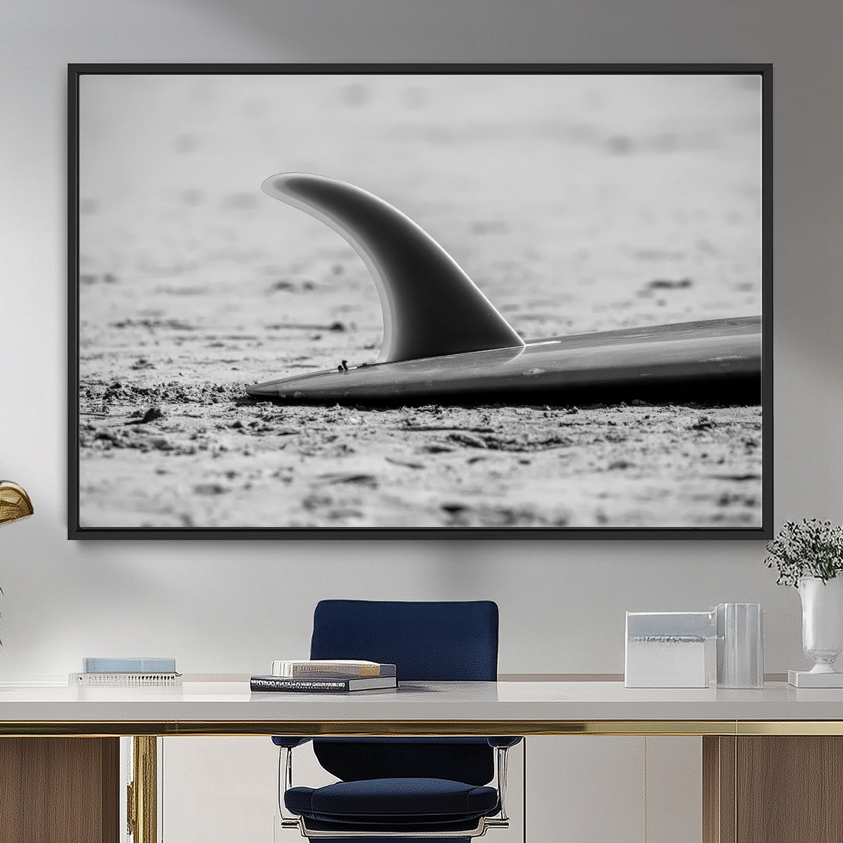 MGV-FC-36X24 - Black White Surfboard Wall Art Canvas Print, Framed Minimalist Beach Art Picture Print, Surf Fin Perfect Minimalist Coastal Decor Artwork