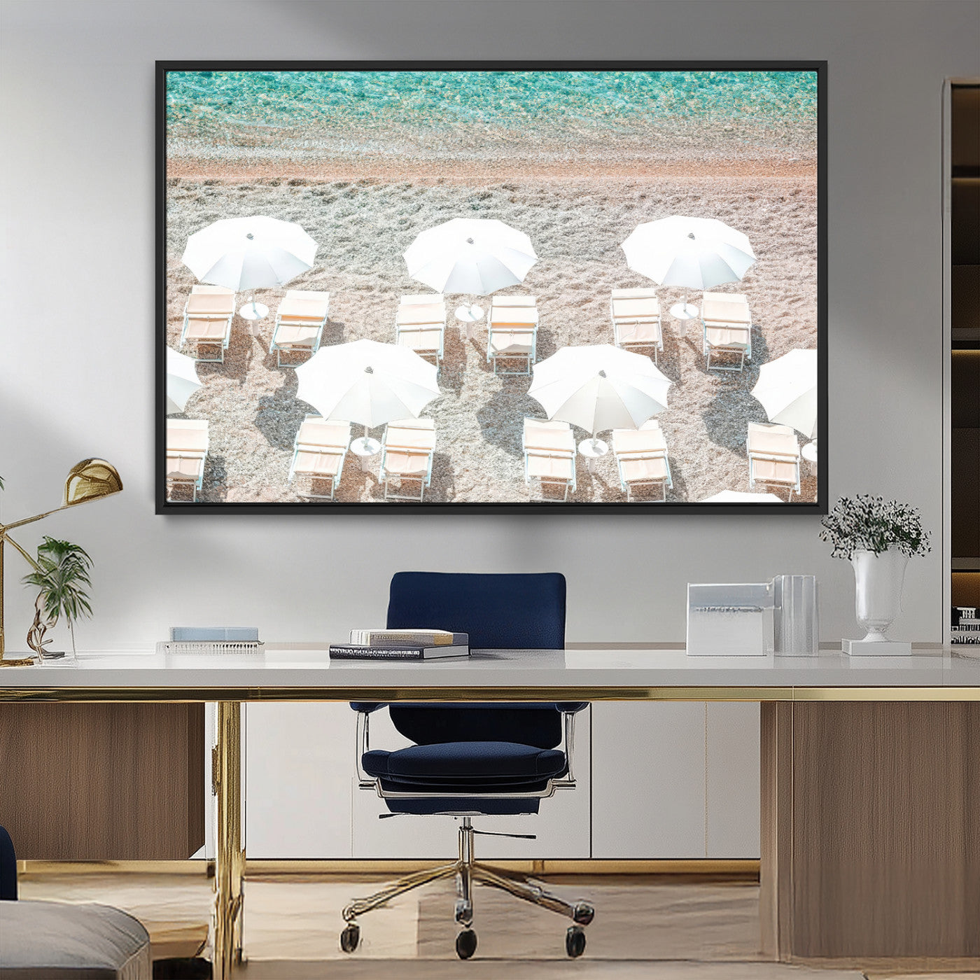 MGV-FC-36X24 - Calm Beach Wall Art Canvas Print, Framed Turquoise Water Art Picture Print, Umbrella Shoreline Perfect Coastal Minimalist Decor Artwork