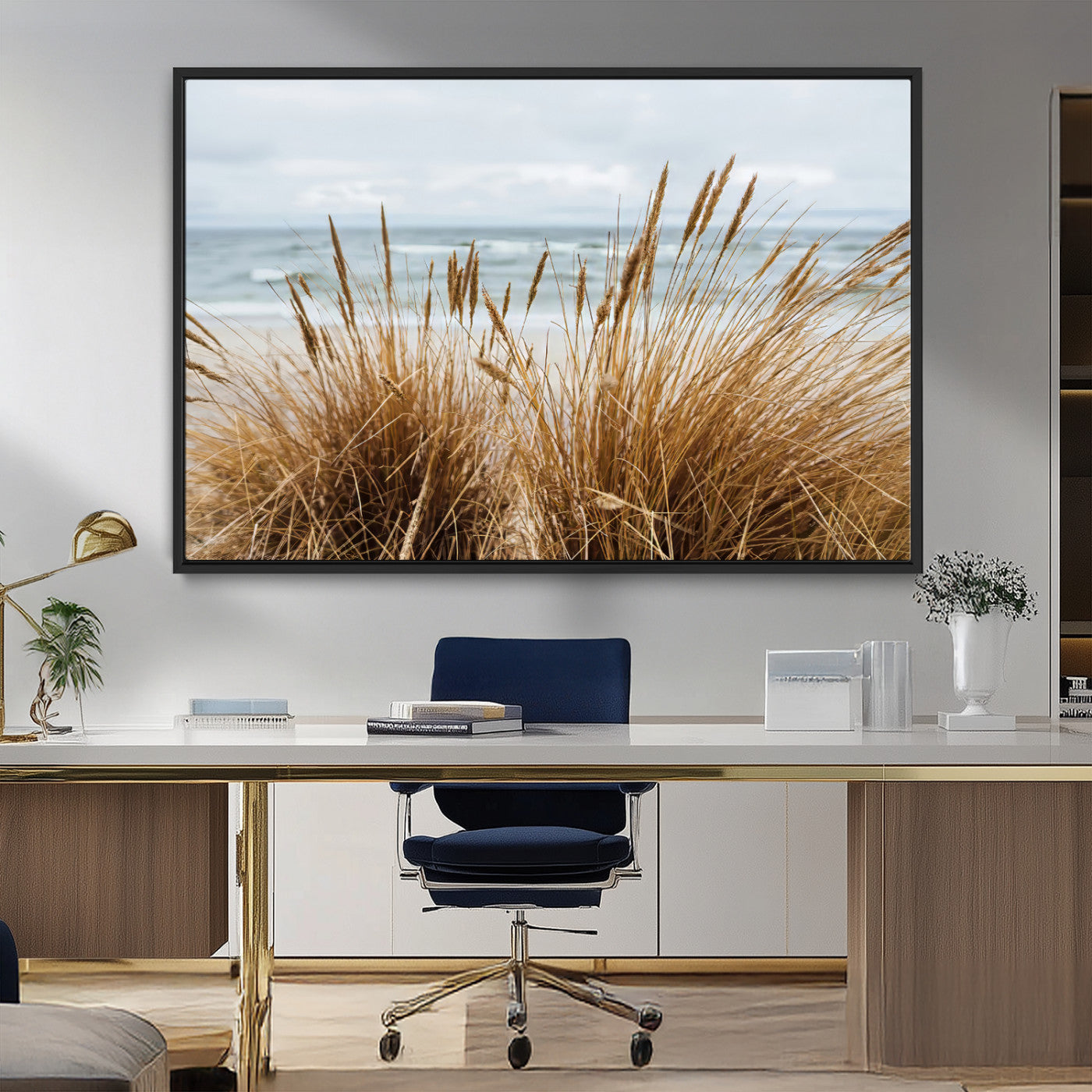 14270839-MGV-FC-36X24_Black-Beach Grass Wall Art – Framed Coastal Dunes Canvas Artwork, Minimal Seaside Design, Modern Coastal Decor for Home, Office