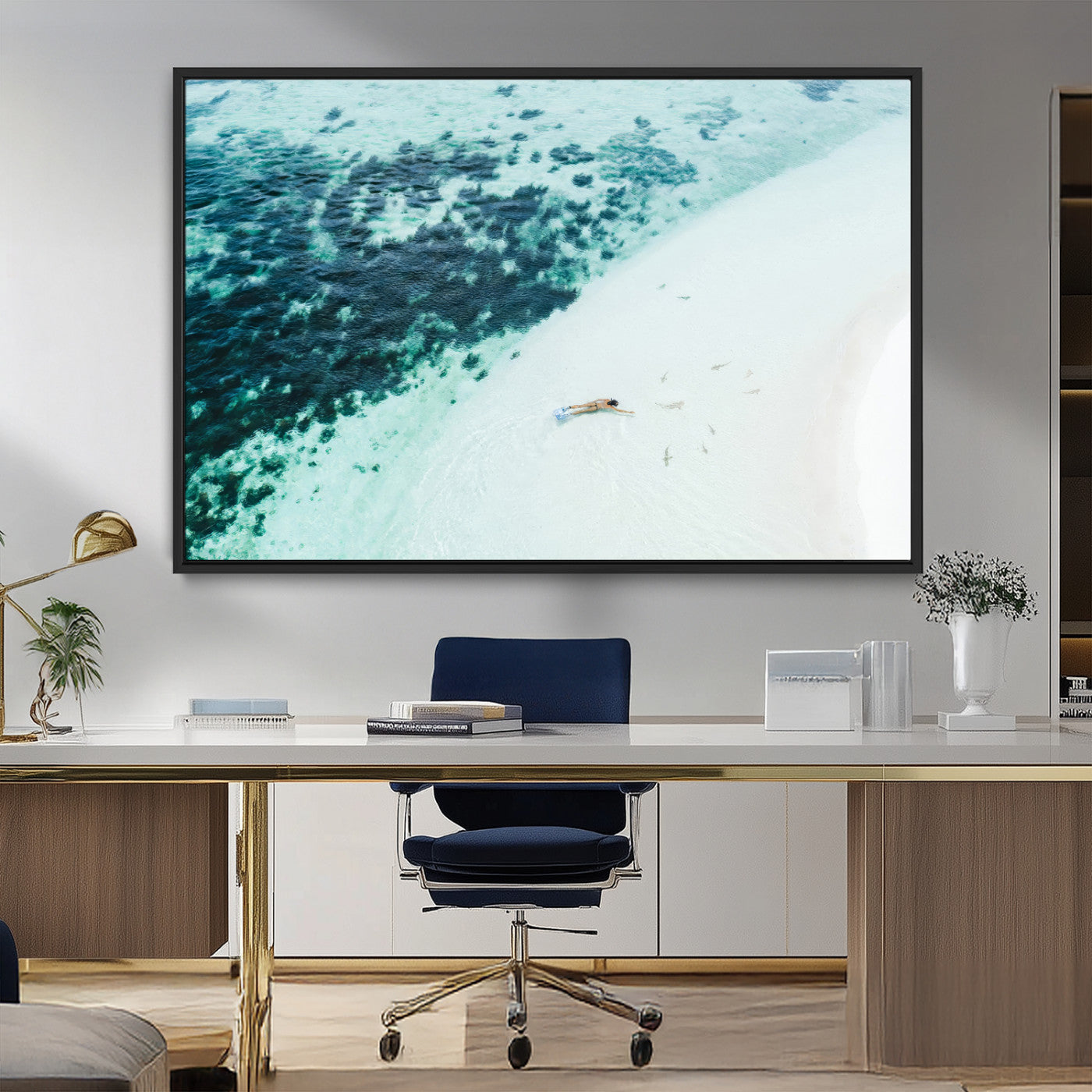 33764764-MGV-FC-36X24_Black-Minimal Beach Wall Art – Framed Ocean Swimming Canvas Artwork, Clear Blue Sea Design, Modern Coastal Decor for Home, Office