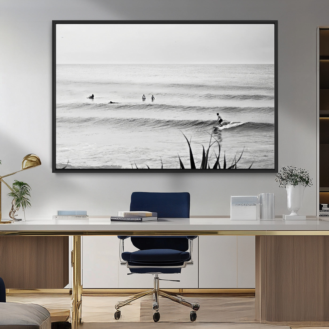 33821421-MGV-FC-36X24_Black-Surfer Silhouette Wall Art – Framed Calm Ocean Canvas Artwork, Monochrome Minimal Design, Modern Coastal Decor for Home, Office