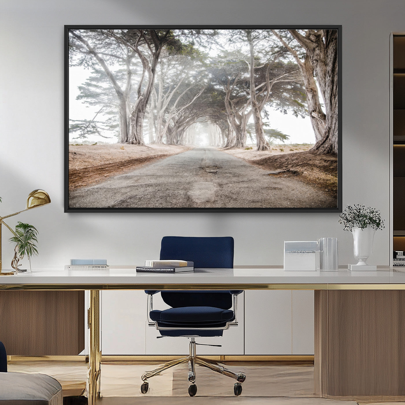 87090469-MGV-CV-36X24-Cypress Tunnel Wall Art – Framed Misty Road Canvas Artwork, Foggy Trees Design, Rustic Woodland Nature Decor for Home, Office