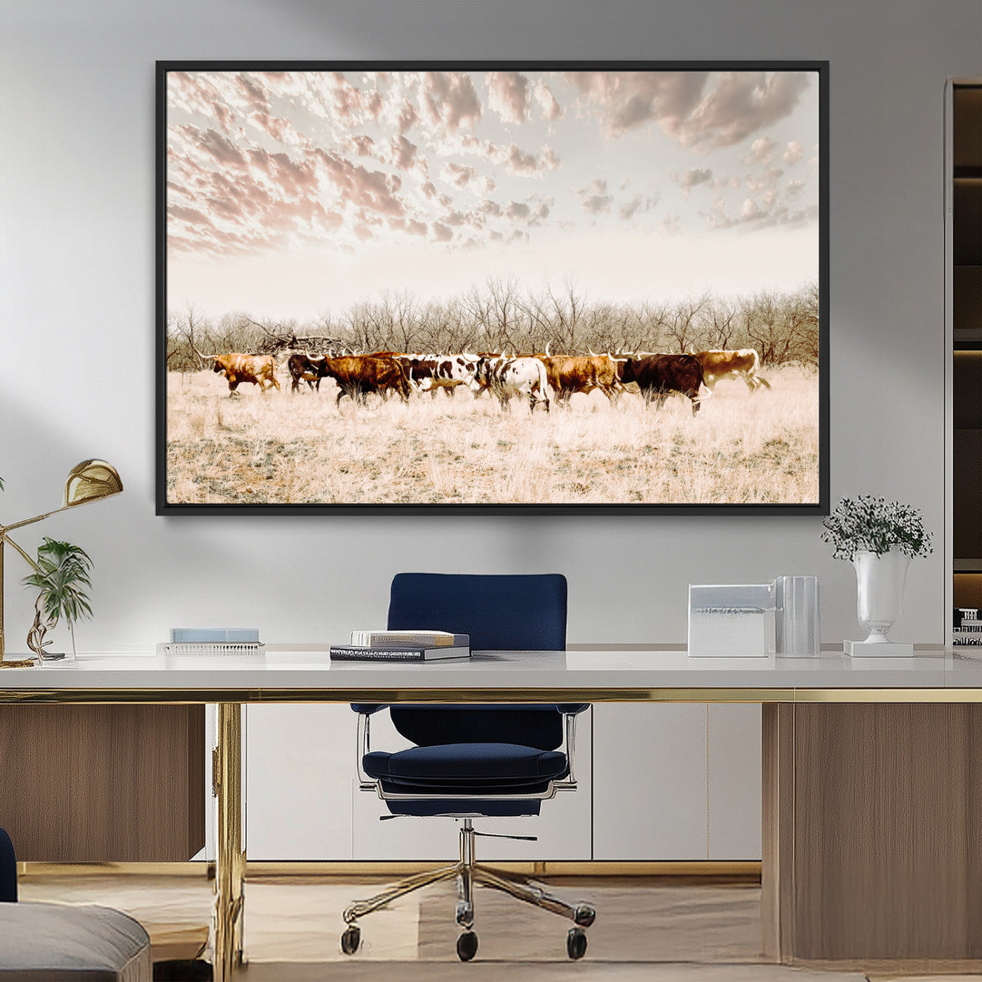 64892775-MGV-CV-36X24 - Longhorn Cattle Wall Art Canvas Print, Framed Texas Ranch Art Picture Print, Western Cow Perfect Western Decor Artwork