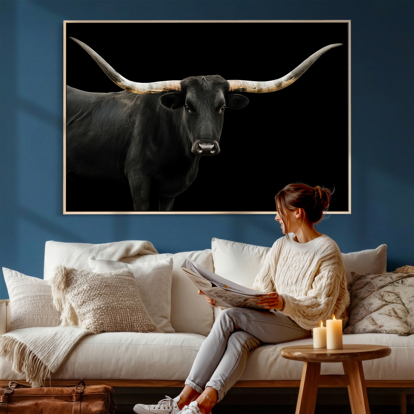 99448328-MGV-CV-36X24 - Longhorn Cattle Wall Art Canvas Print, Framed Texas Black Bull Art Picture Print, Western Cow Perfect Farmhouse Decor Artwork
