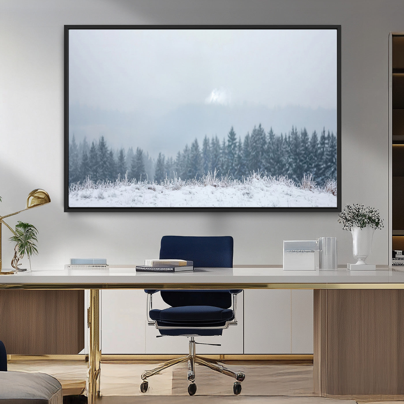 33033082-MGV-CV-36X24-Winter Forest Wall Art Canvas Print – Framed Snowy Landscape Art Picture Misty Tree Scene Artwork for Home Office