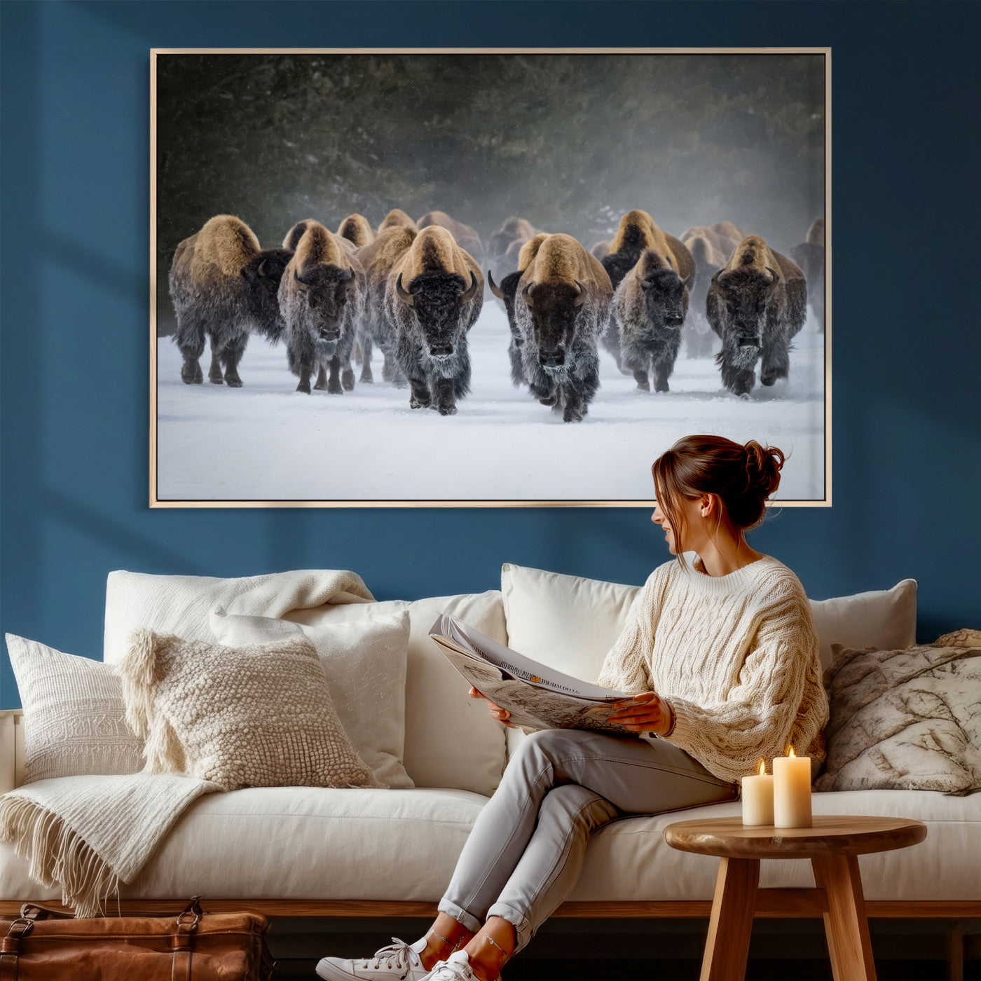 41669135-MGV-CV-36X24 - Winter Bison Herd Wall Art – Majestic Buffalo Charge Canvas Print with Snow Covered Plains, Rustic Wildlife Strength and Untamed Nature Decor for Home and Office