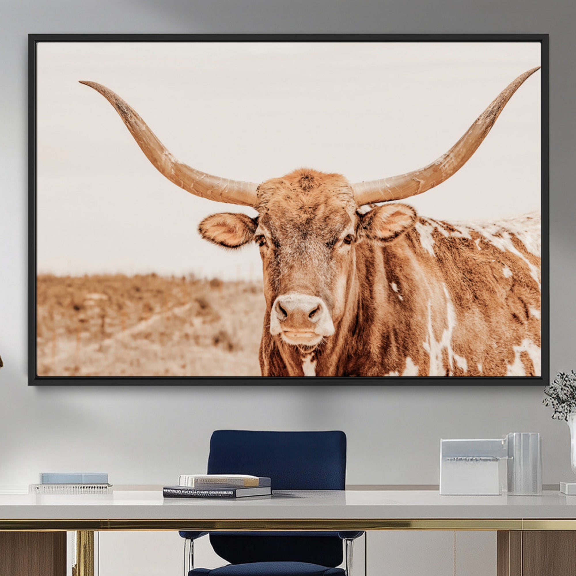 74406977-MGV-CV-36X24-Longhorn Bull Wall Art Canvas Print – Framed Western Cow Rustic Farmhouse Neutral Country Animal Artwork for Home Office