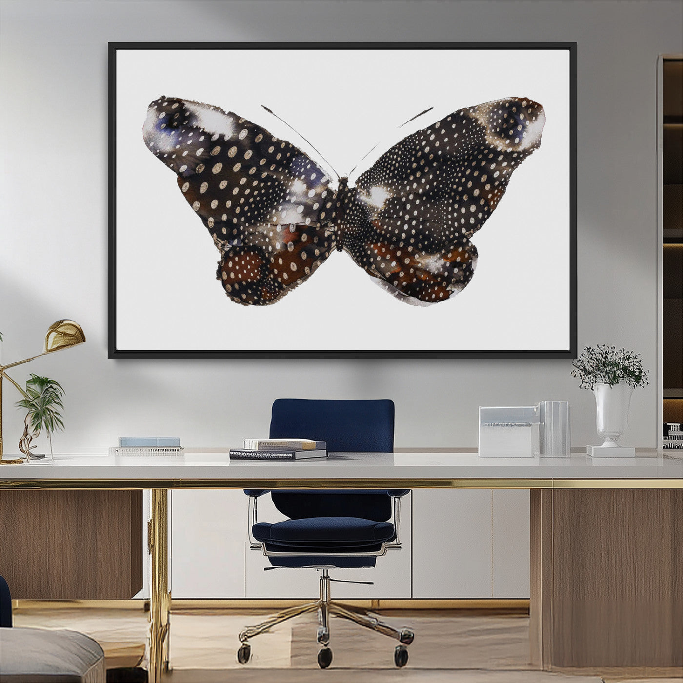 99831147-MGV-CV-36X24-Spotted Butterfly Wall Art Canvas Print – Framed Neutral Insect Earthy Wing Pattern Modern Rustic Nature Artwork for Home Office