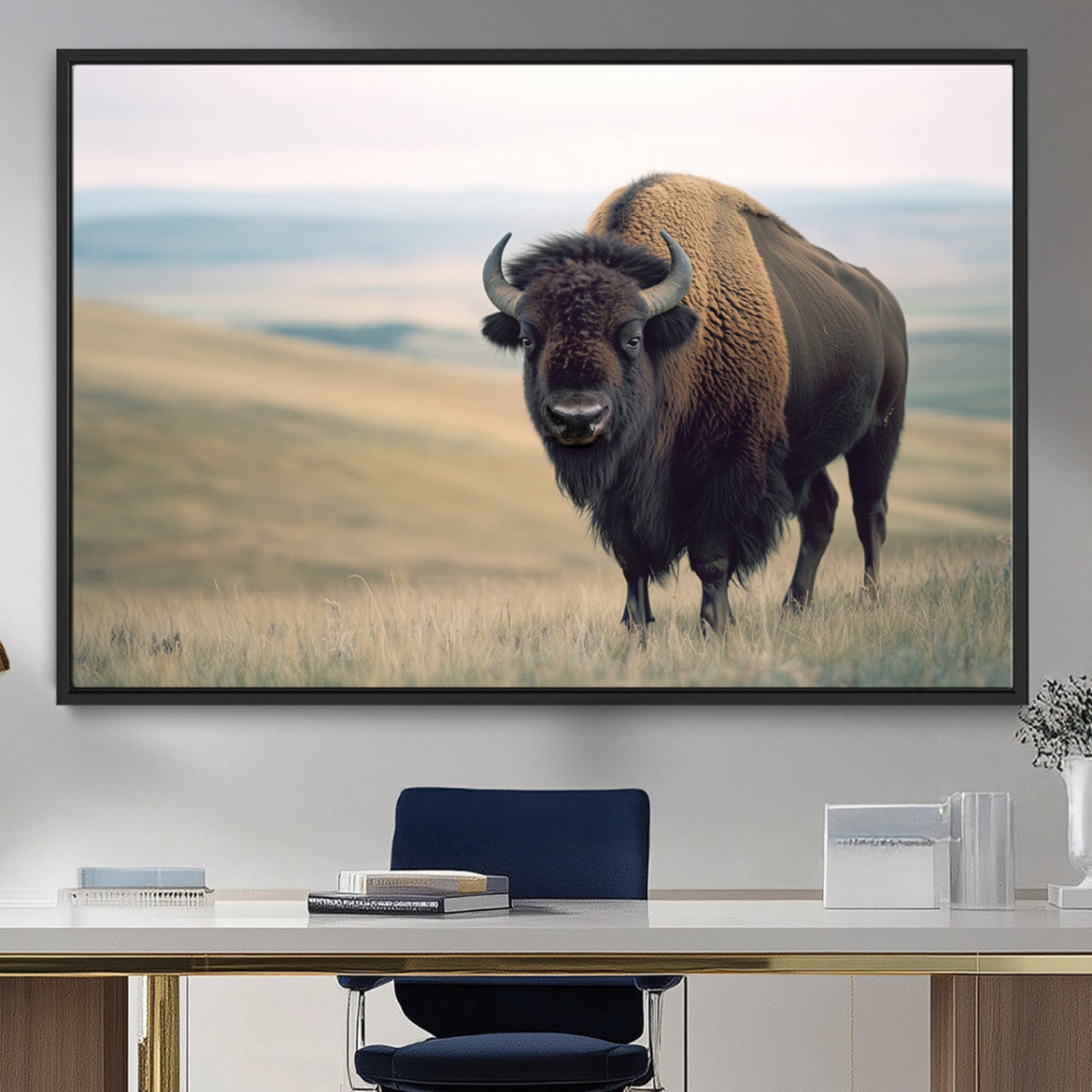 60097194-MGV-FC-36X24_Black-Bison Wall Art Wall Art Canvas Print, Framed Buffalo Canvas Print Art Picture Print, American Bison Decor Perfect Rustic Western Decor Artwork