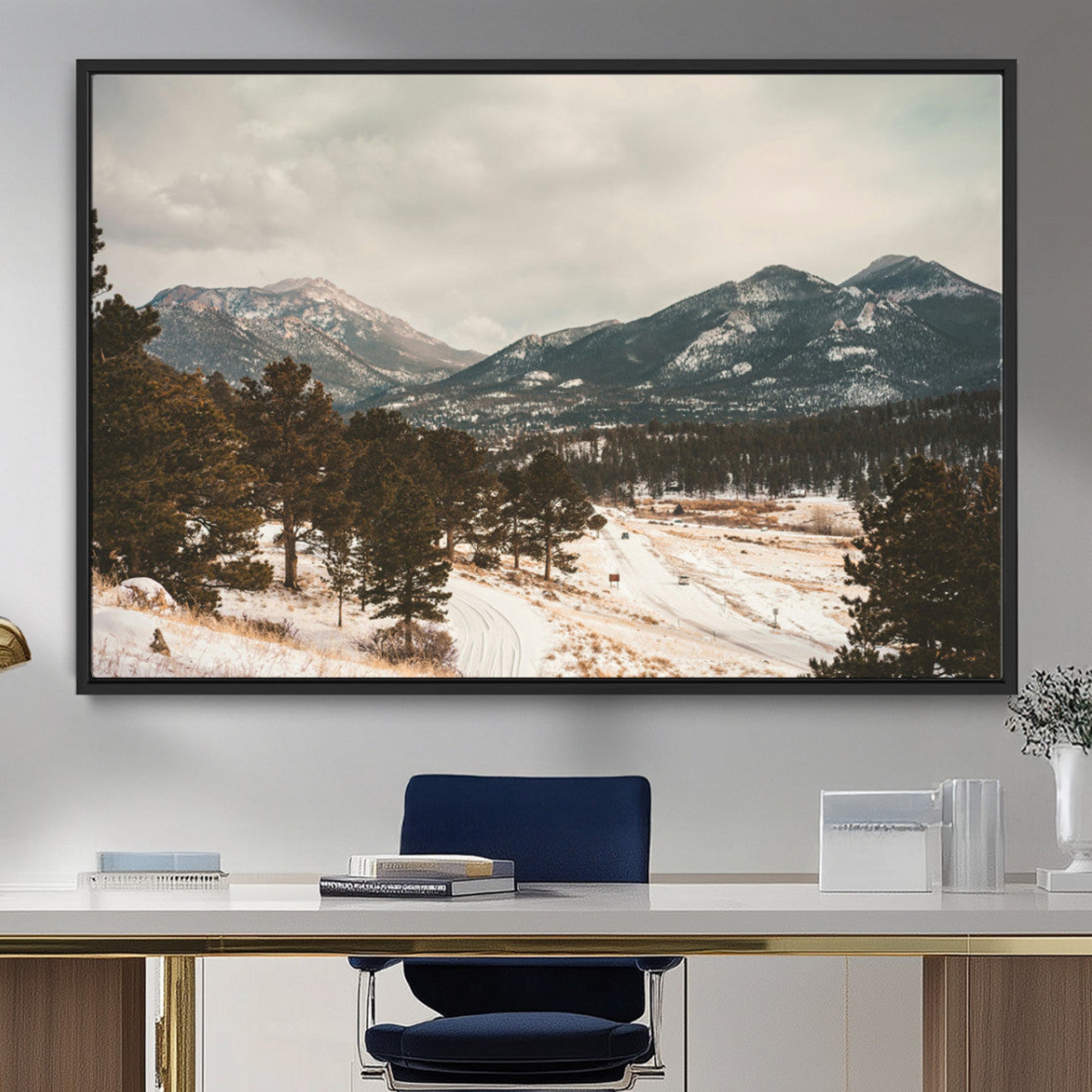 77311749-MGV-CV-36X24-Mountain Landscape Wall Art Canvas Print – Framed Snowy Peaks Alpine Aesthetic Rustic Winter Scene Artwork for Home Office
