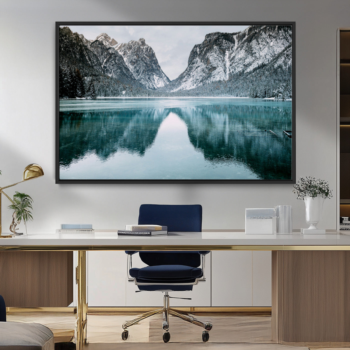 73098373-MGV-FC-36X24_Black-Mountain Lake Wall Art Canvas Print – Framed Snowy Peaks Wonderland Nature Scene Artwork for Home Office