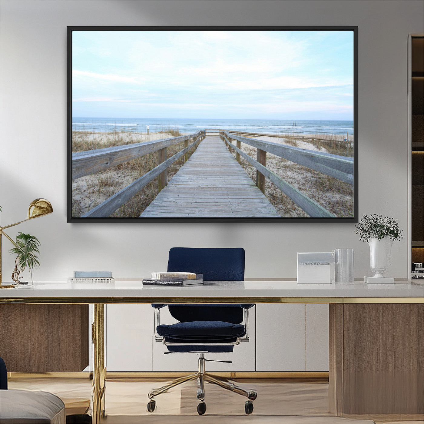 31602988-MGV-FC-36X24_Black-Beach Boardwalk Wall Art Canvas Print – Framed Coastal Serenity Ocean View Nature Scene Artwork for Home Office