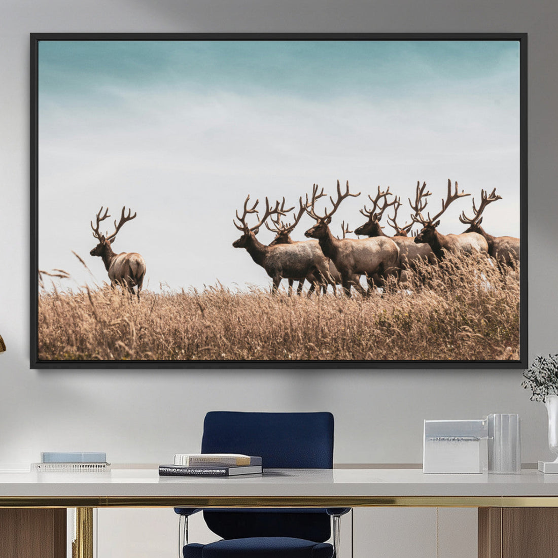 Elk Herd Wall Art Canvas Print, Framed Wildlife Photography Antler Art, Rustic Nature Wildlife Decor