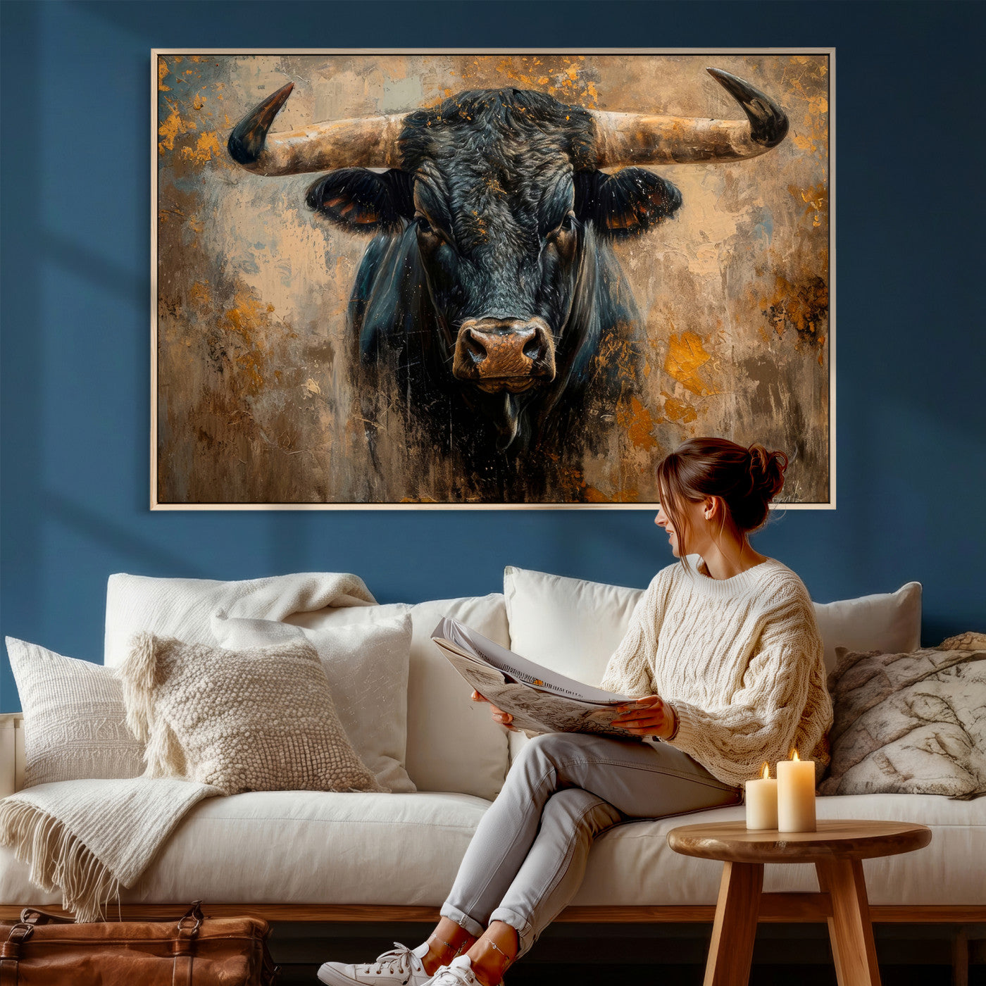 91615410-MGV-CV-36X24 - Abstract Texas Longhorn Bull Wall Art – Rustic Farmhouse Canvas Print, Western Cabin Style Decor, Large Animal Artwork for Living Room or Office