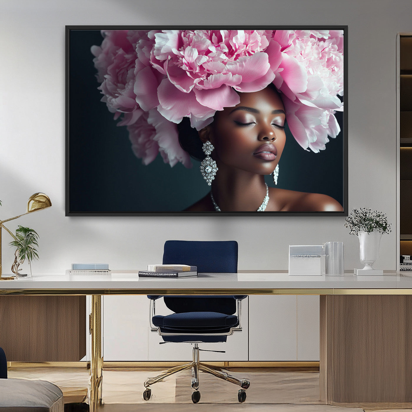 -Black Beauty Petal Crown Wall Art Canvas Print – Floral Petal Headpiece Elegant Design, Petal Inspired Artwork for Home, Office