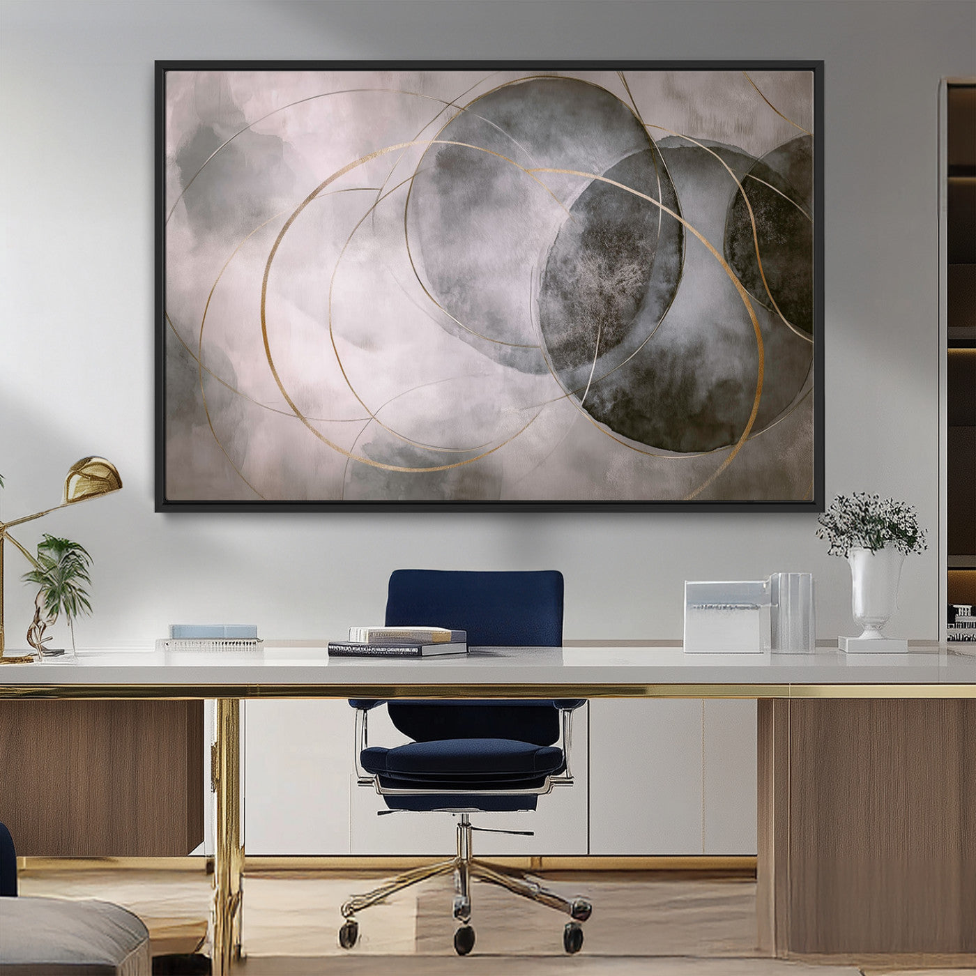 20066876-MGV-FC-36X24_Black-Abstract Grey Gold Circle Wall Art – Modern Geometric Canvas Artwork, Minimal Elegant Design, Luxury Wall Decor for Home, Office