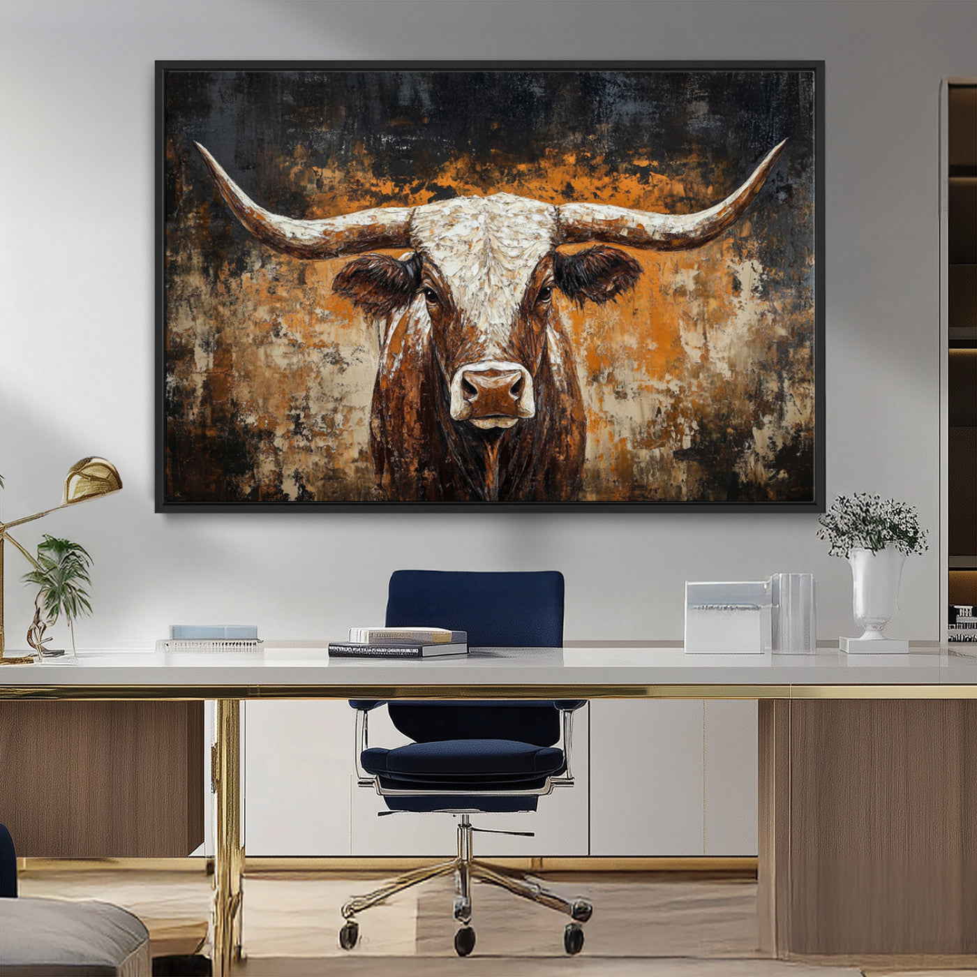 25265572-MGV-CV-36X24-Rustic Longhorn Bull Wall Art Canvas Print – Vintage Western Cattle Scene, Texas Steer Artwork for Home, Office
