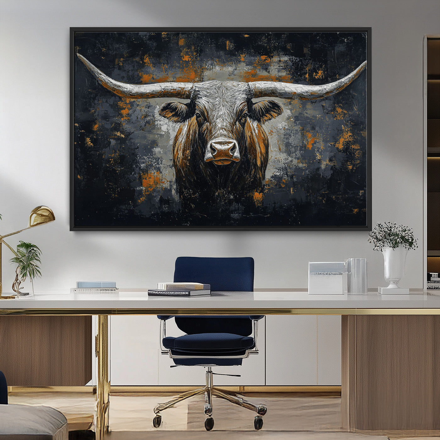 93195031-MGV-FC-36X24_Black-Rustic Longhorn Bull Wall Art Canvas Print – Vintage Western Cattle Scene, Texas Steer Artwork for Home, Office