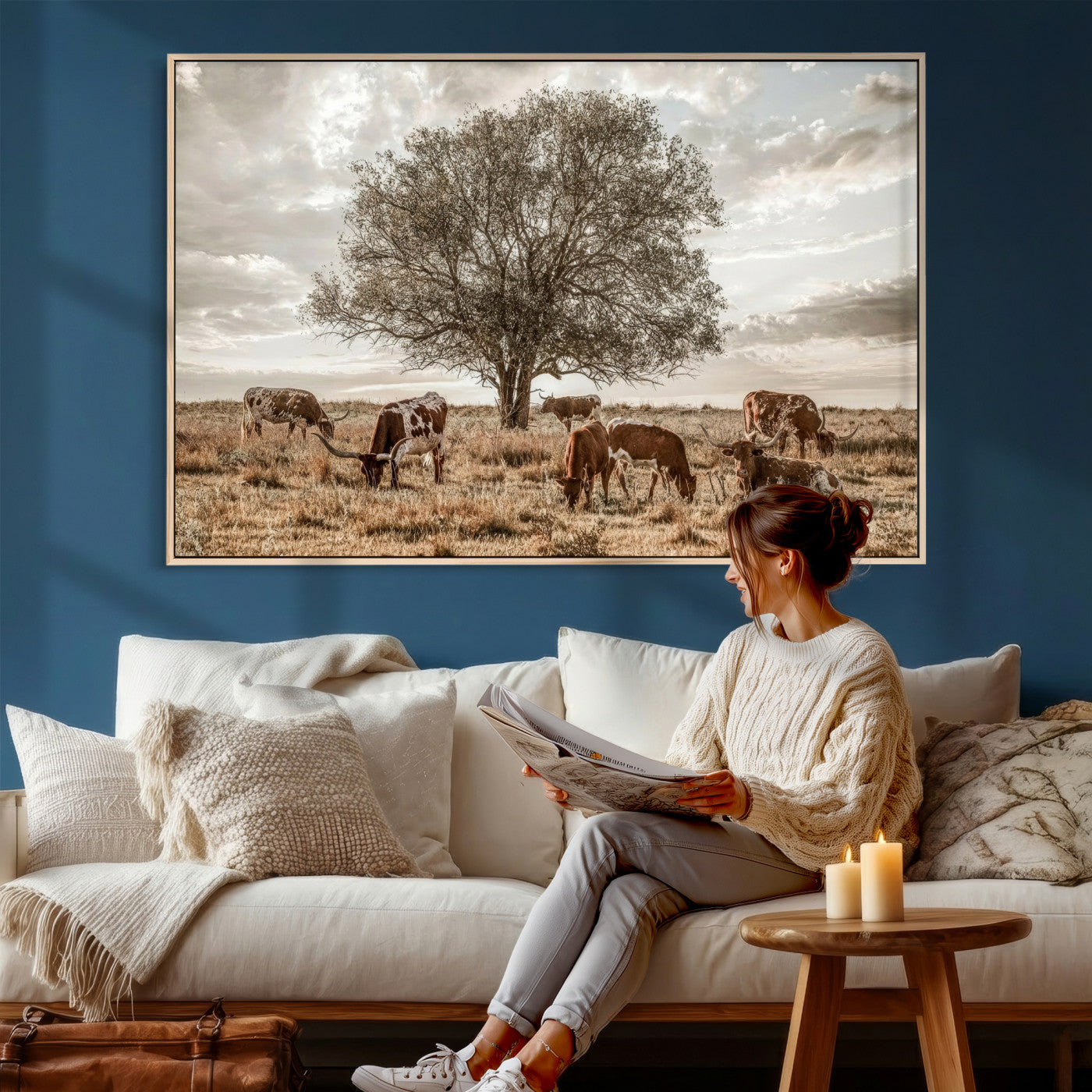 87590224-MGV-CV-36X24 - Texas Longhorn Cattle Wall Art Canvas Print – Rustic Western Ranch Scene with Steers at Sunset, Perfect for Farmhouse or Cowboy Decor