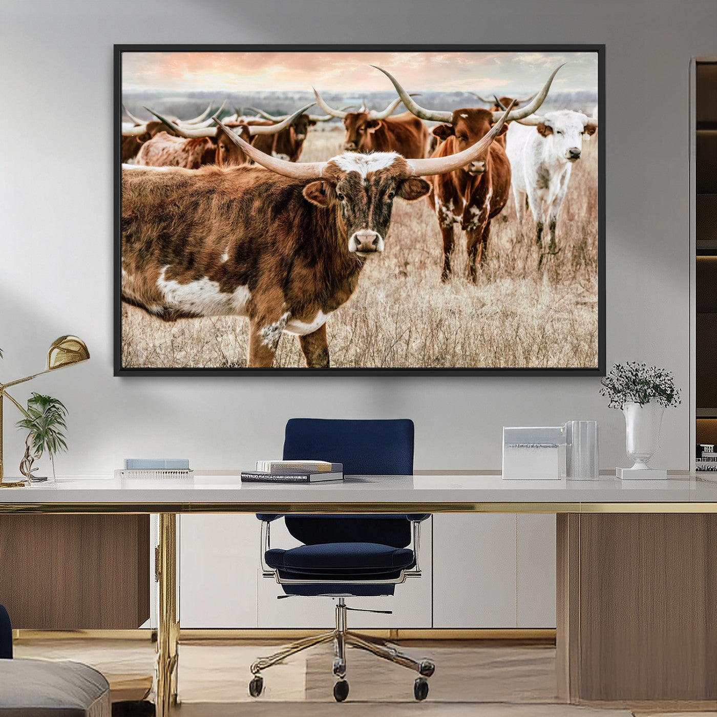 -Texas Longhorn Cattle Wall Art Canvas Print – Rustic Western Ranch Scene with Steers Sunset for Home, Office