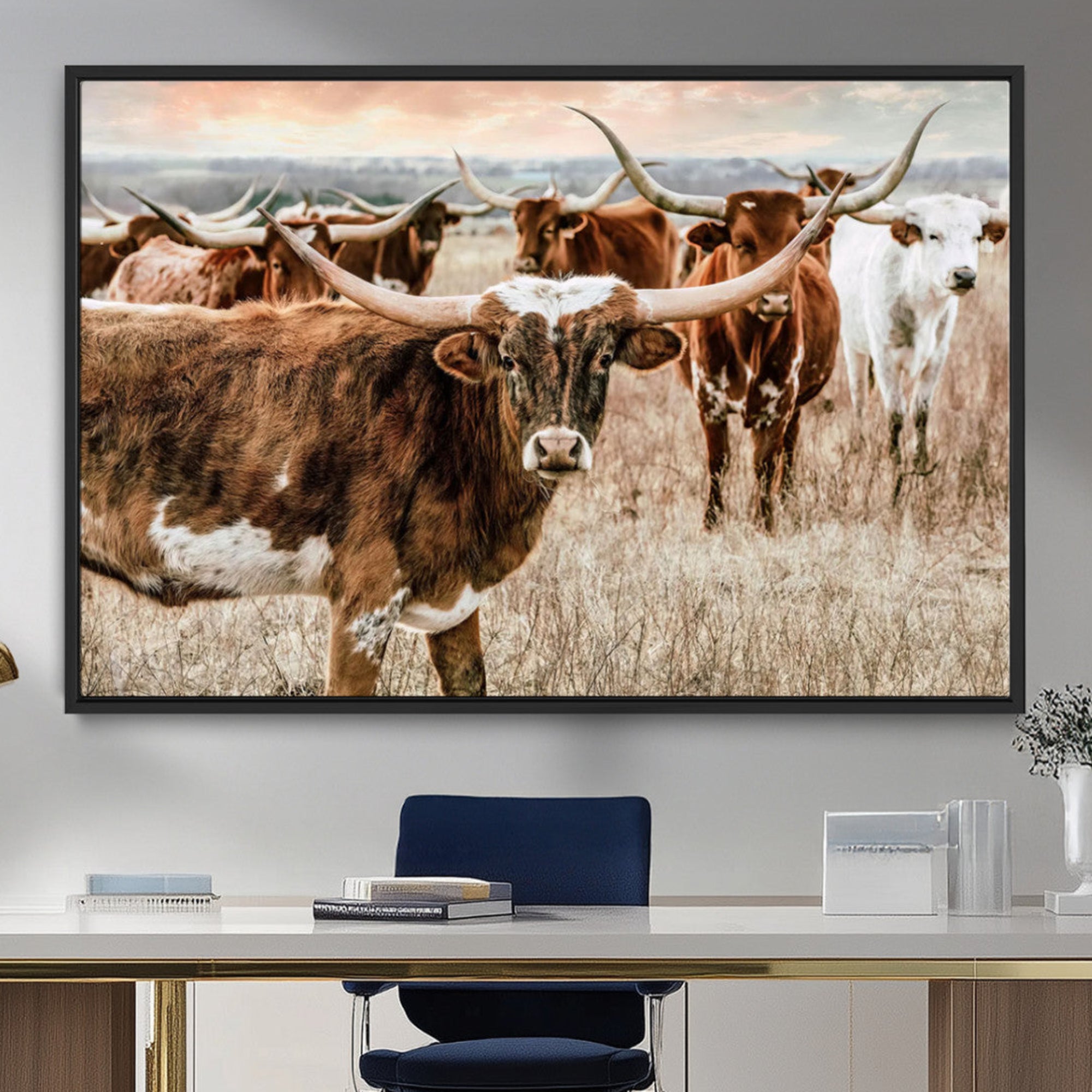 47758300-MGV-CV-36X24-Texas Longhorn Cattle Wall Art Canvas Print – Rustic Western Ranch Scene with Steers Sunset for Home, Office