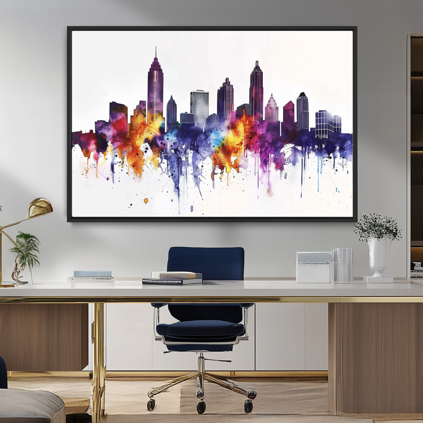 34479880-MGV-CV-36X24-Atlanta Skyline Wall Art Canvas Print – Framed Colorful Watercolor Cityscape Artwork for Home, Office, Living Room