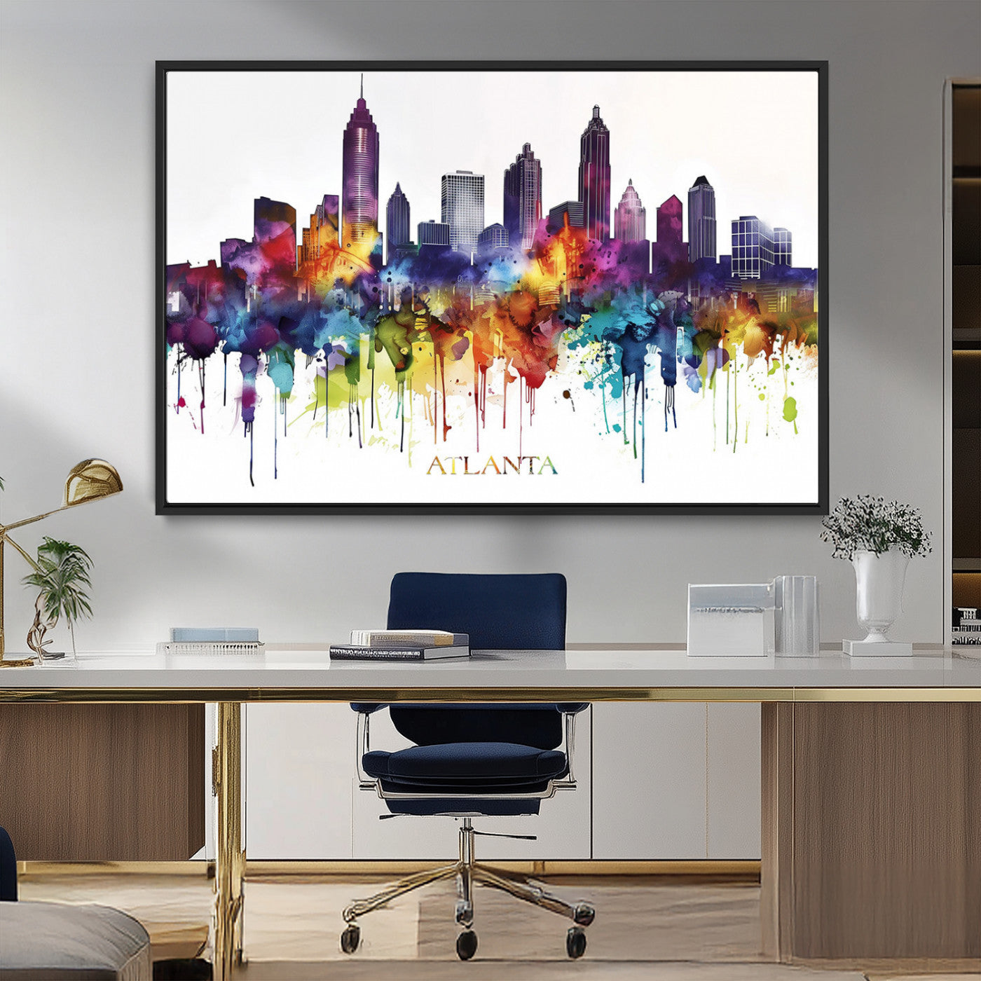36048320-MGV-CV-36X24-Atlanta Skyline Wall Art Canvas Print – Framed Colorful Watercolor Cityscape Abstract Urban Artwork for Home, Office