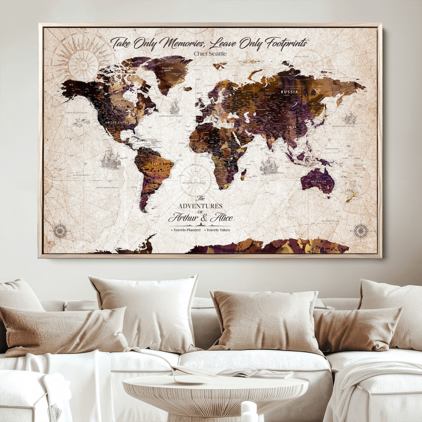 -Personalized World Map Canvas – Custom Framed Push Pin Travel Tracker, Elegant Wall Art Gift for Couples for Home, Office