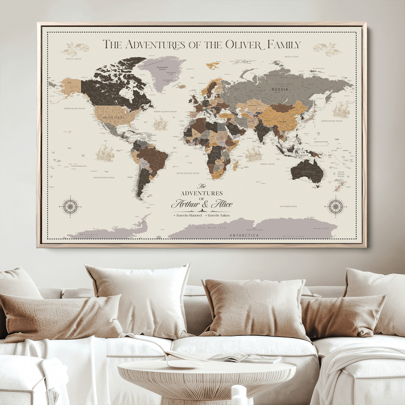 -Personalized Family Adventure World Map Canvas – Custom Framed Push Pin Travel Tracker, Wall Art Gift for Home, Office
