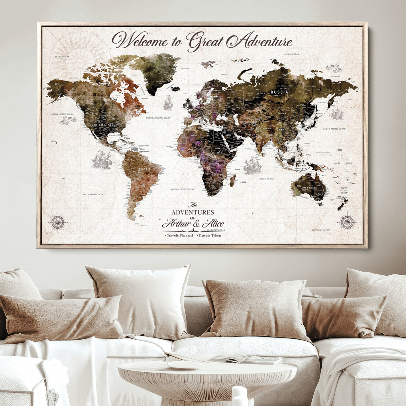 -Personalized World Map Canvas Custom Framed Push Pin Travel Tracker Vintage Adventure Wall Art Gift Couples Travelers Home, Office